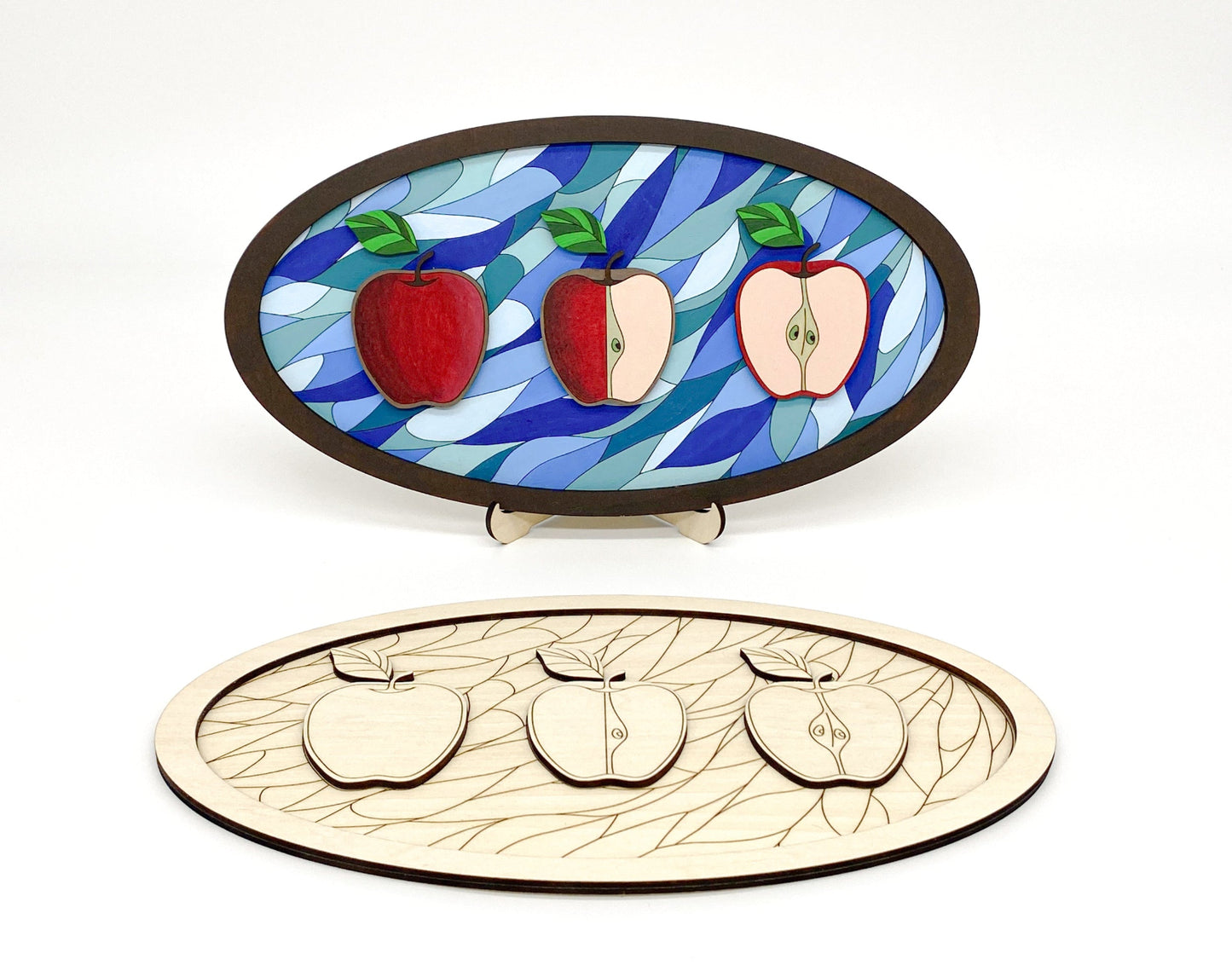 Apple Joy DIY Paint Kit With Layered Wood Design, Stained Glass-Style Apple Pattern, Paints, Brushes, And Display Options Included