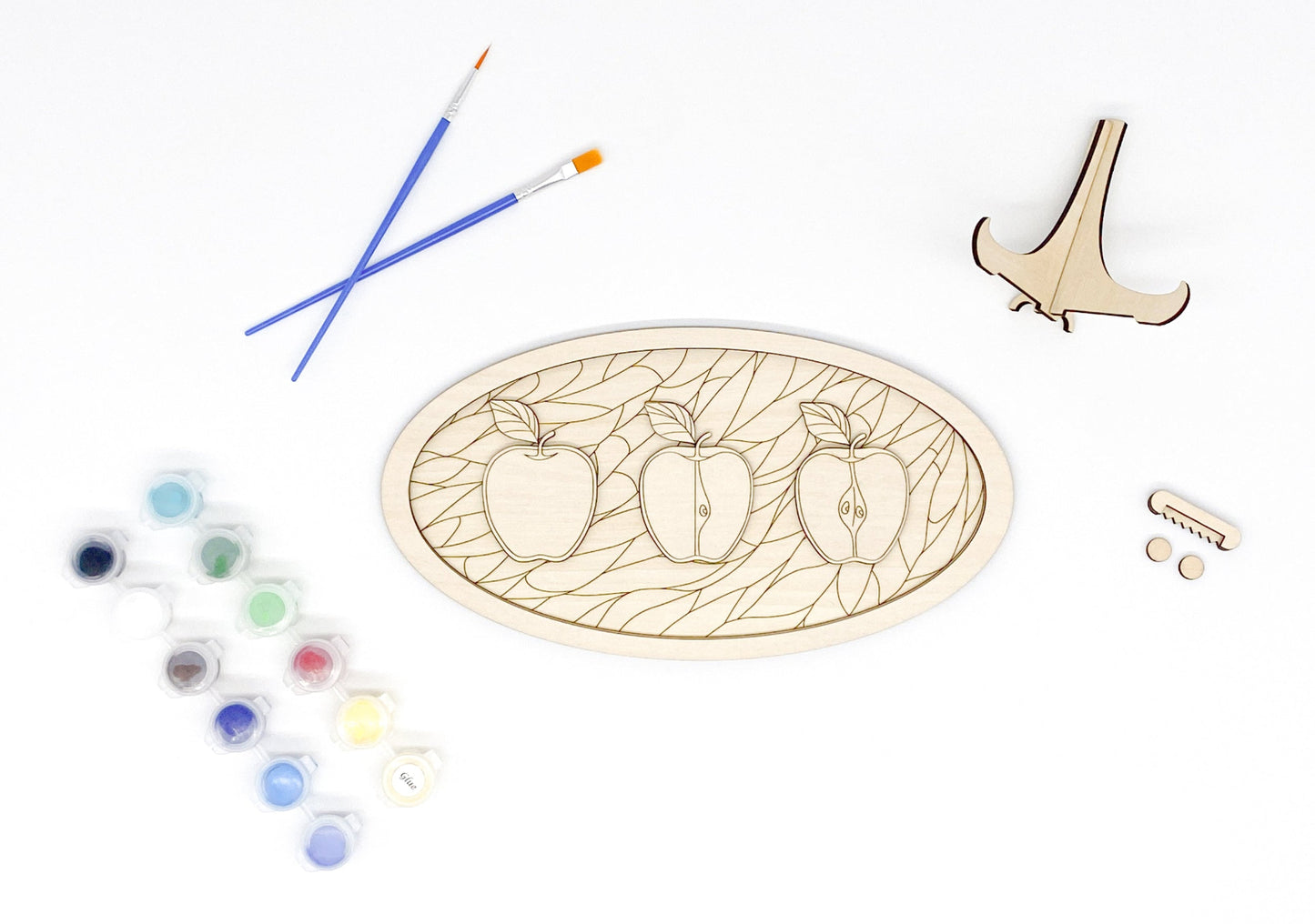 Apple Joy DIY Paint Kit With Layered Wood Design, Stained Glass-Style Apple Pattern, Paints, Brushes, And Display Options Included