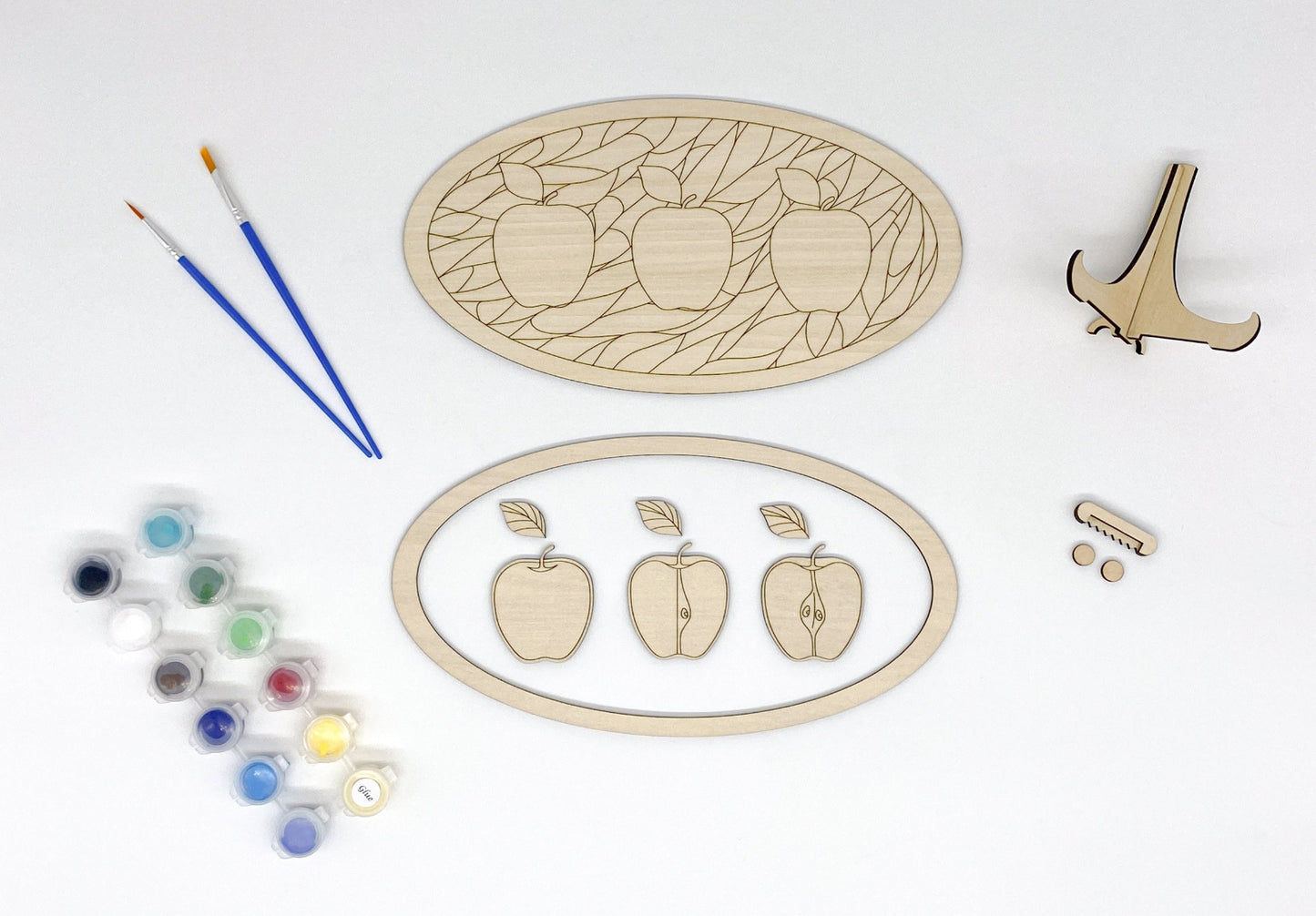 Apple Joy DIY Paint Kit With Layered Wood Design, Stained Glass-Style Apple Pattern, Paints, Brushes, And Display Options Included