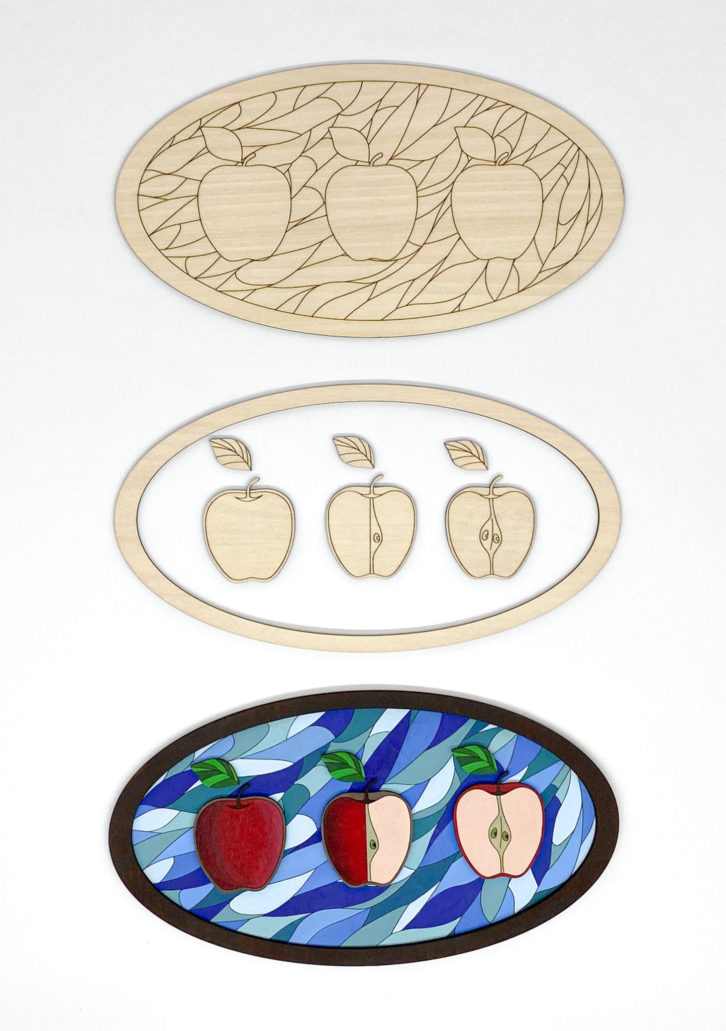Apple Joy DIY Paint Kit With Layered Wood Design, Stained Glass-Style Apple Pattern, Paints, Brushes, And Display Options Included