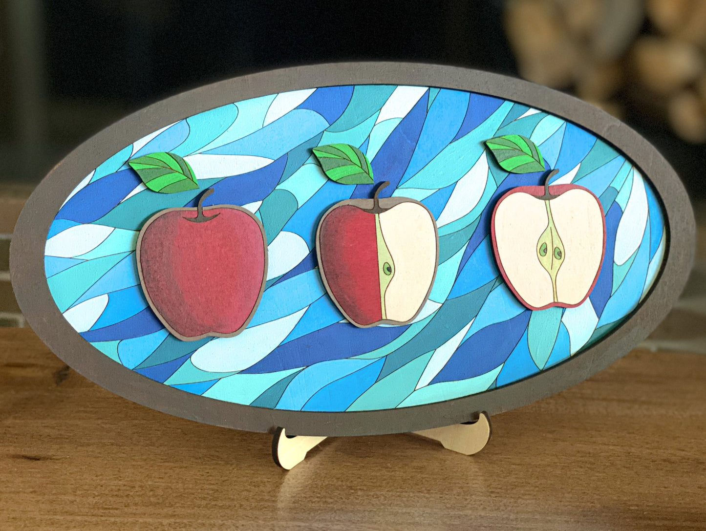 Apple Joy DIY Paint Kit With Layered Wood Design, Stained Glass-Style Apple Pattern, Paints, Brushes, And Display Options Included