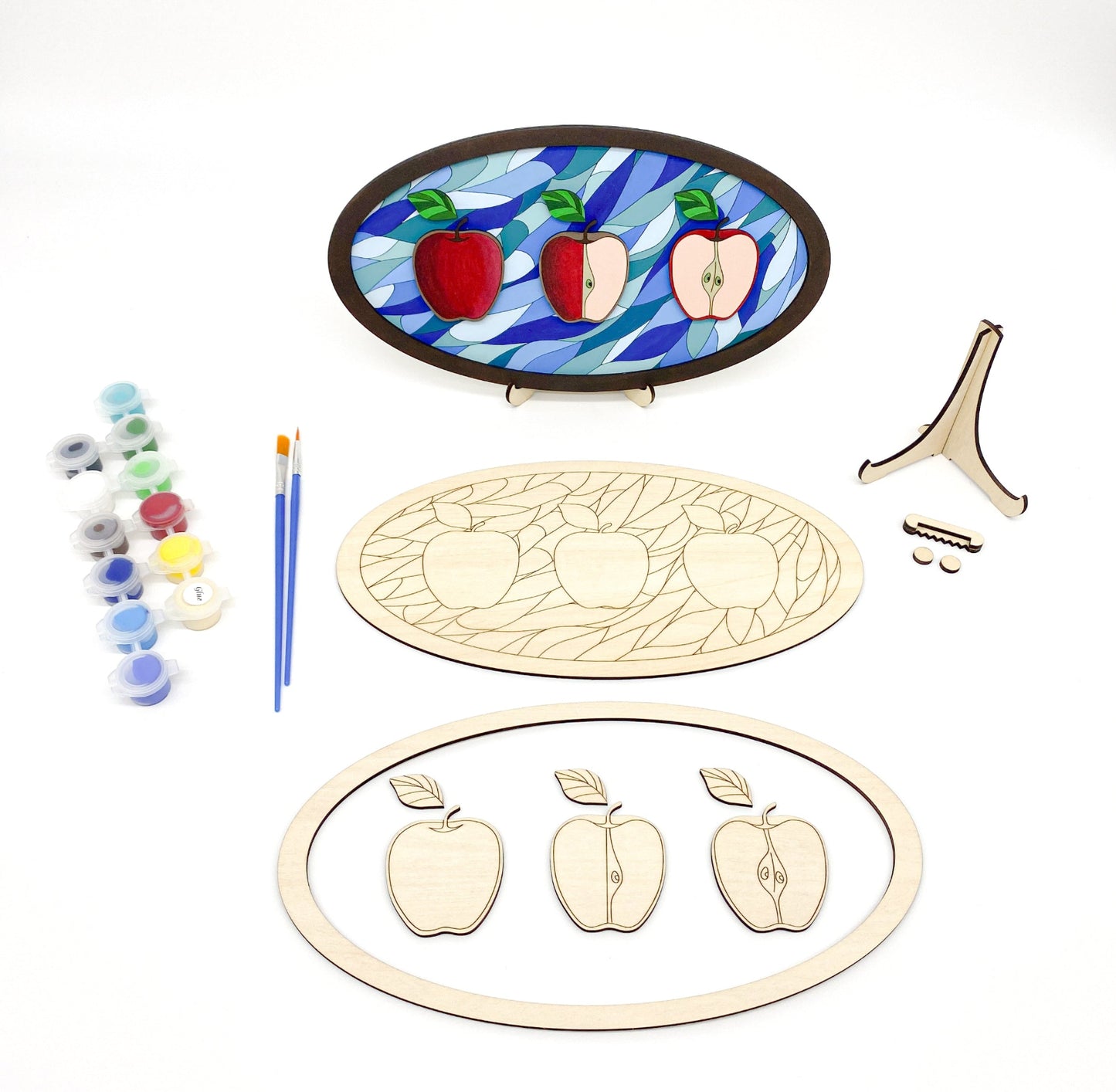 Apple Joy DIY Paint Kit With Layered Wood Design, Stained Glass-Style Apple Pattern, Paints, Brushes, And Display Options Included