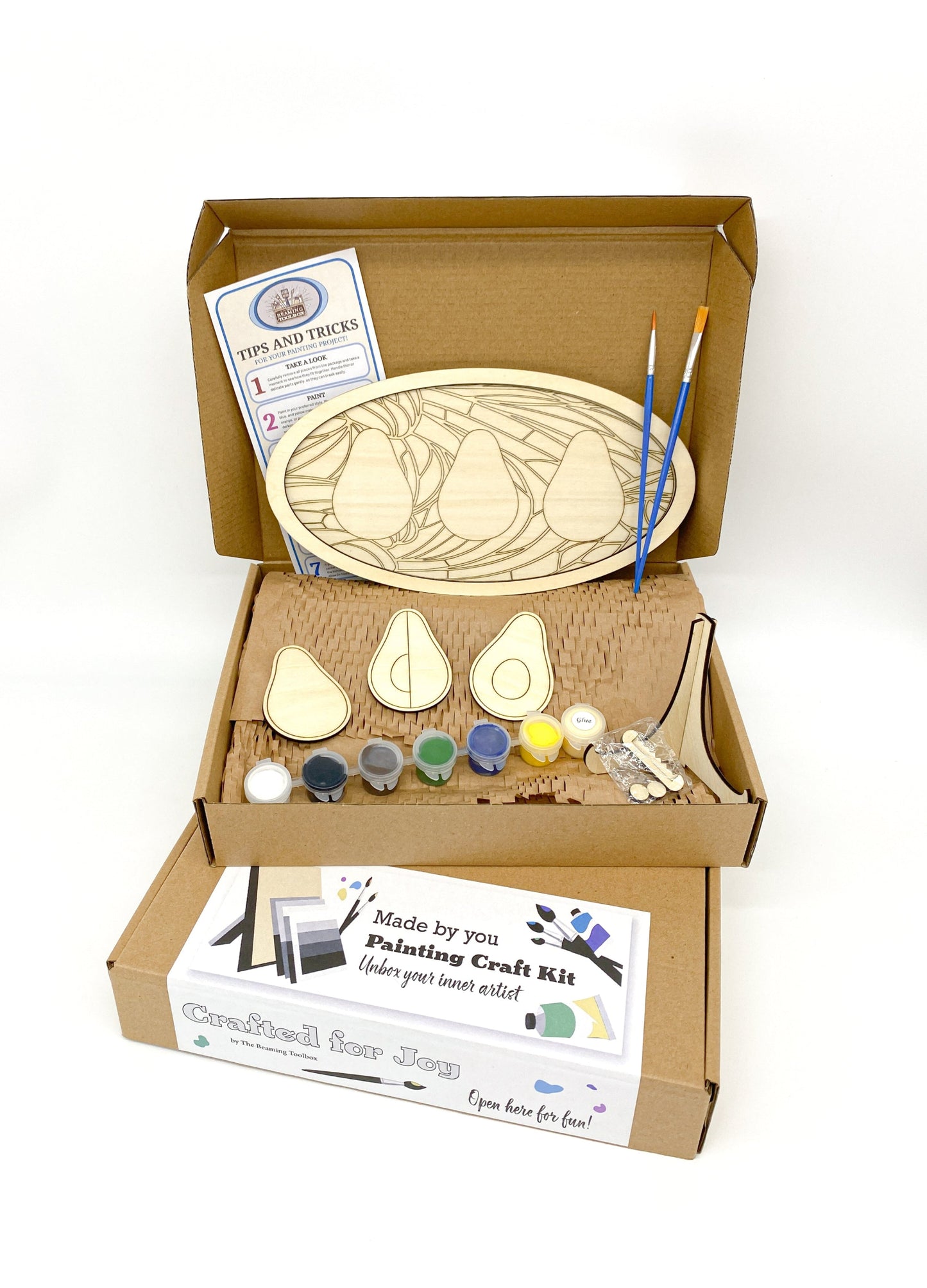 Avocado Fun DIY Paint Kit With Layered Wood Design, Stained Glass-Style Avocado Pattern, Paints, Brushes, And Display Options Included