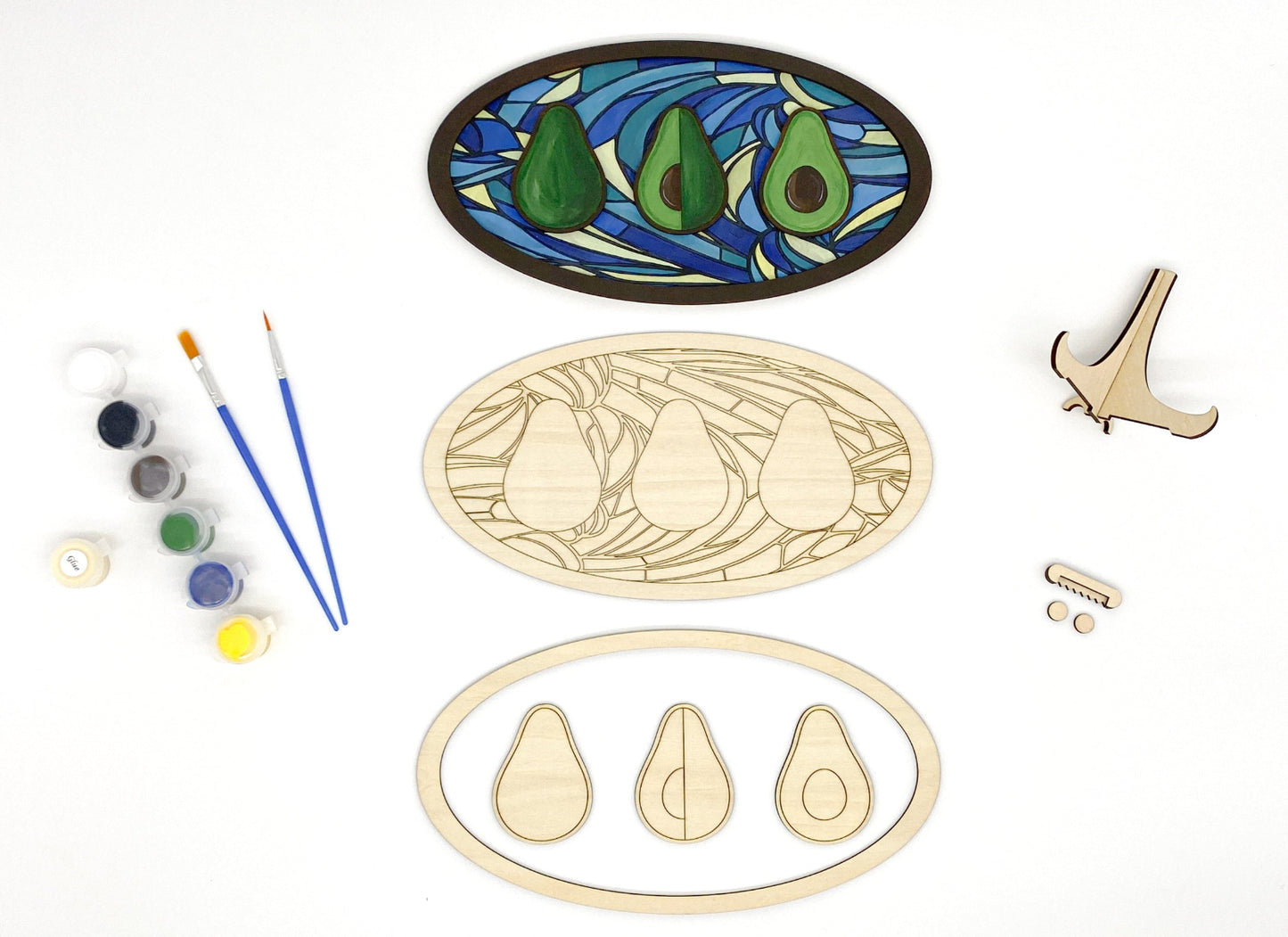 Avocado Fun DIY Paint Kit With Layered Wood Design, Stained Glass-Style Avocado Pattern, Paints, Brushes, And Display Options Included