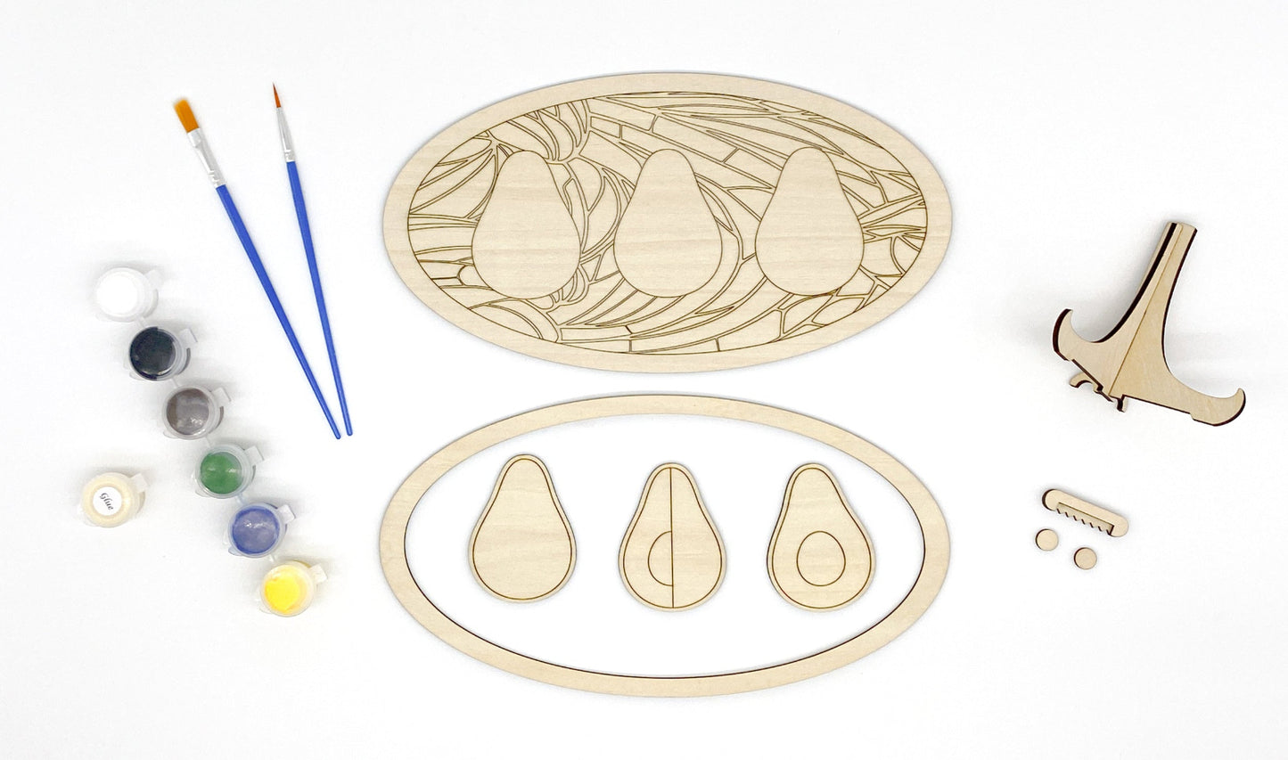 Avocado Fun DIY Paint Kit With Layered Wood Design, Stained Glass-Style Avocado Pattern, Paints, Brushes, And Display Options Included