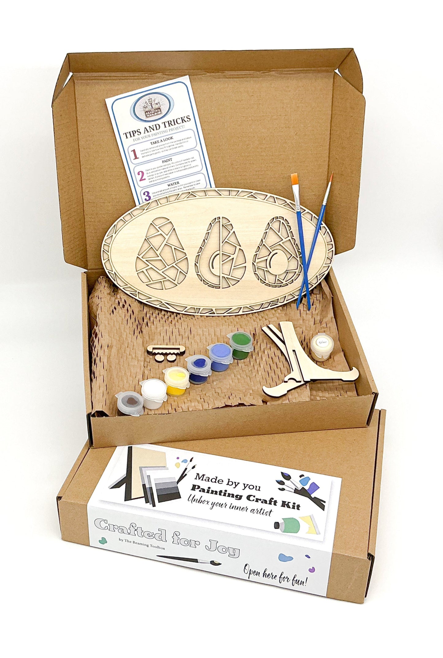 Avocado Magic DIY Paint Kit With Layered Wood Design, Stained Glass-Style Avocado Pattern, Paints, Brushes, And Display Options Included