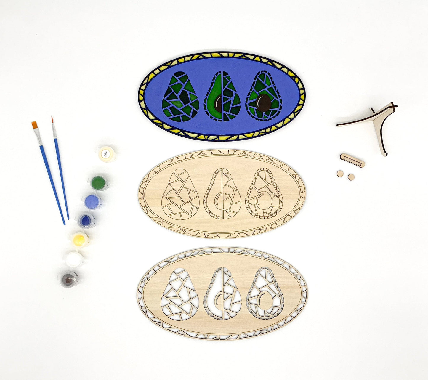 Avocado Magic DIY Paint Kit With Layered Wood Design, Stained Glass-Style Avocado Pattern, Paints, Brushes, And Display Options Included