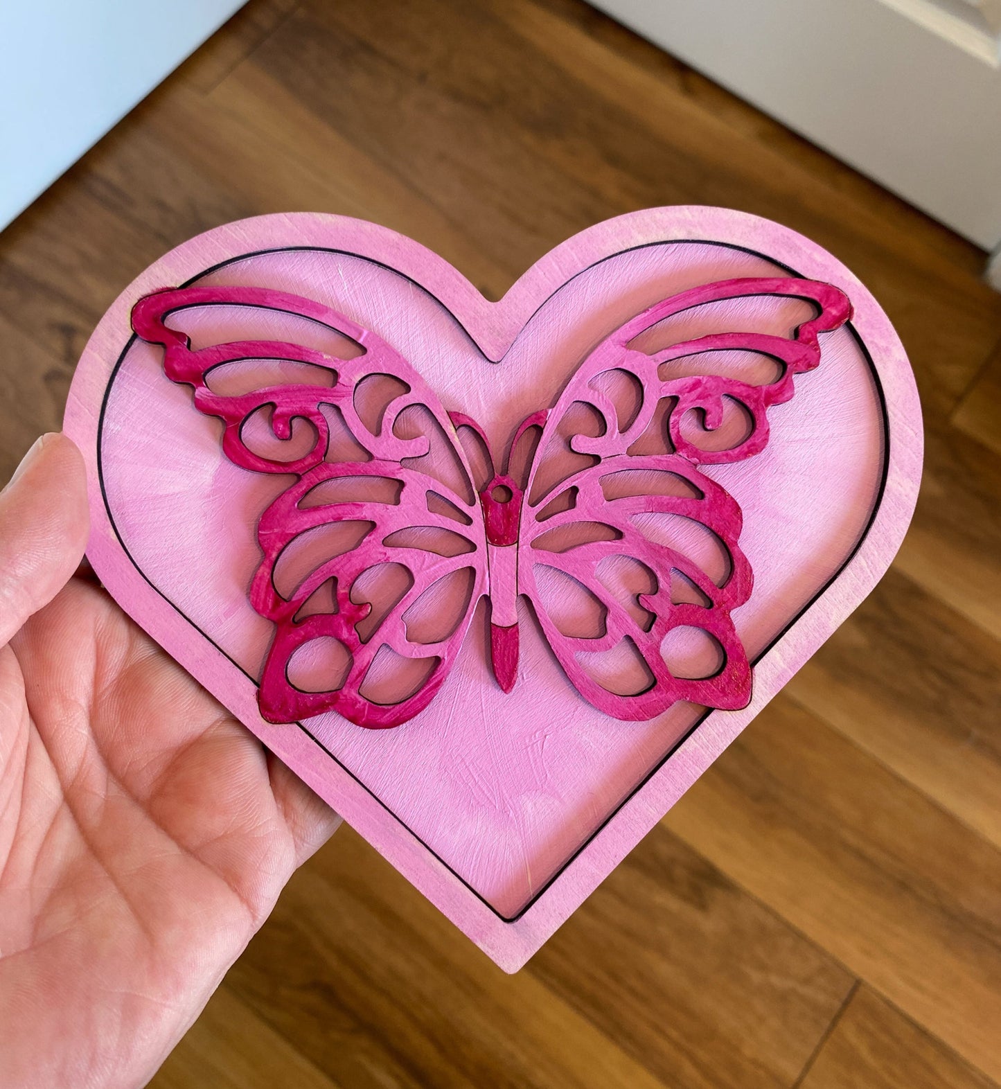 Layered Wood Butterfly And Heart DIY Paint Kit With Paints, Brushes, Wall Hanger And Glue Included