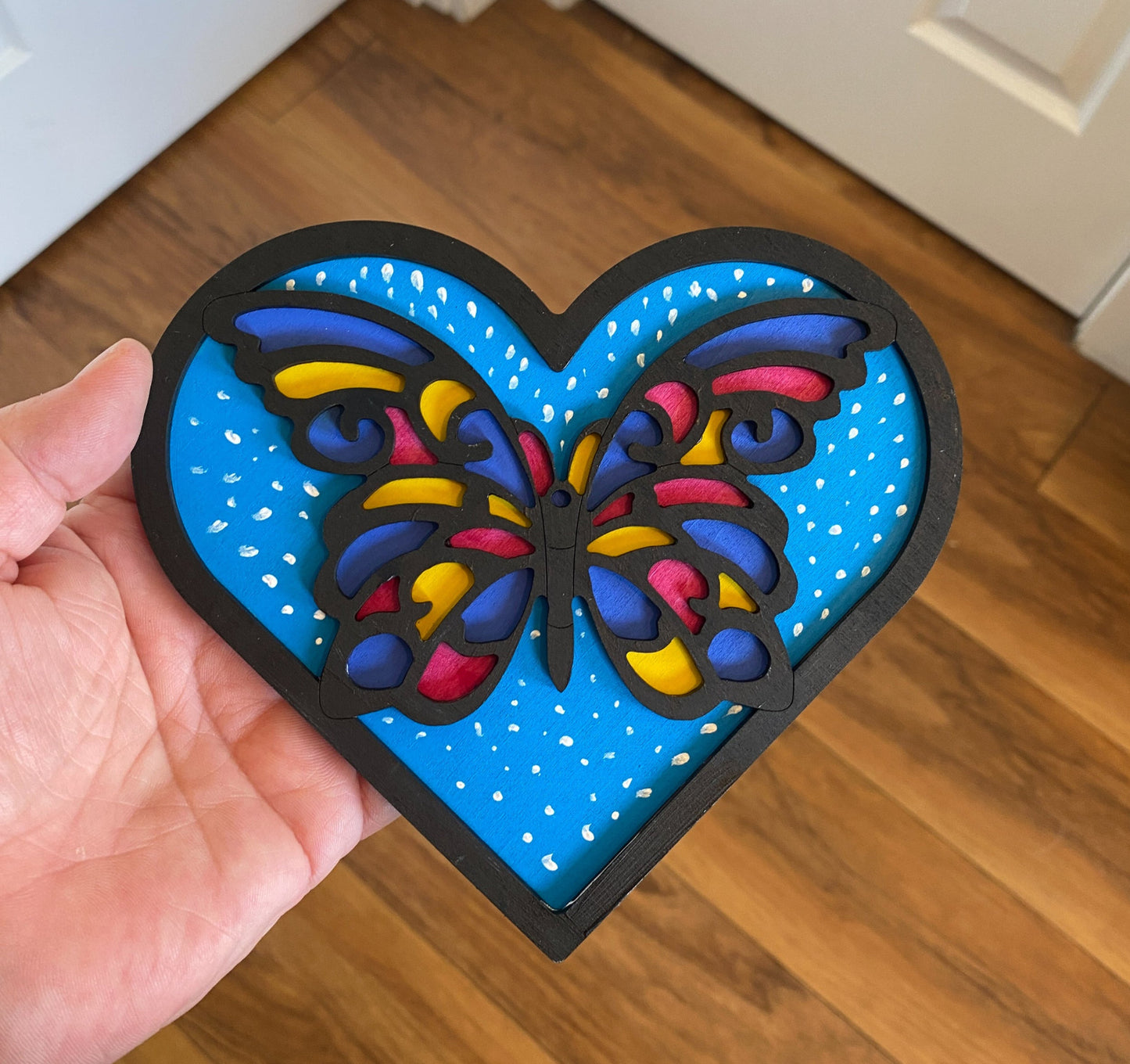 Layered Wood Butterfly And Heart DIY Paint Kit With Paints, Brushes, Wall Hanger And Glue Included