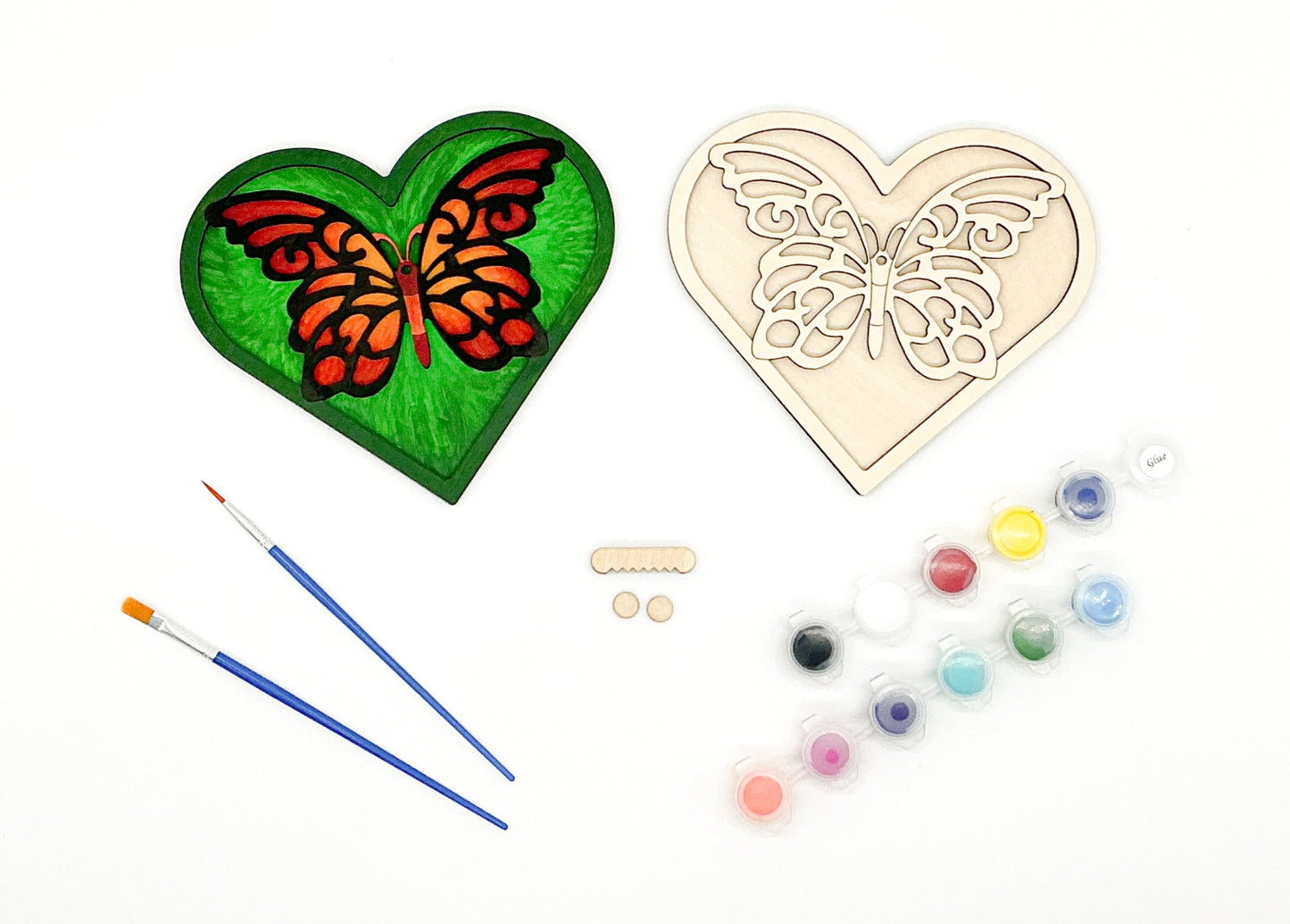 Layered Wood Butterfly And Heart DIY Paint Kit With Paints, Brushes, Wall Hanger And Glue Included