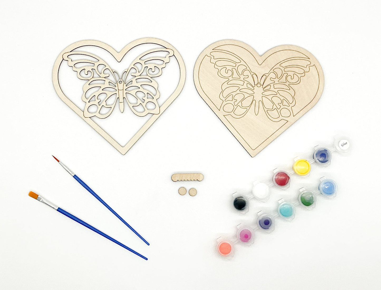 Layered Wood Butterfly And Heart DIY Paint Kit With Paints, Brushes, Wall Hanger And Glue Included