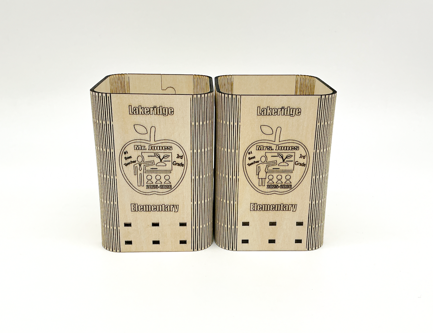 Personalized Teacher Pencil Holder On A Desk, Holding Pens And Pencils, With Custom Engraved Name, School, And Year Visible.