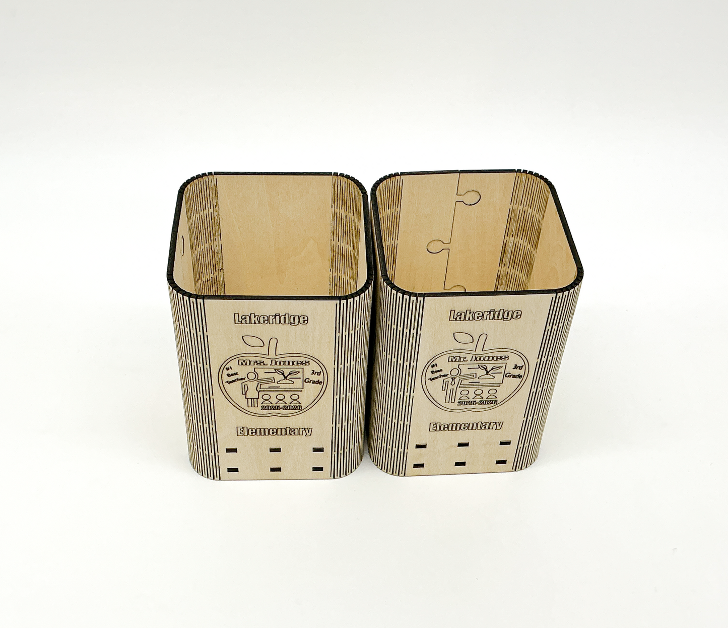 Inside View Of Personalized Teacher Pencil Holder On A Desk, Holding Pens And Pencils, With Custom Engraved Name, School, And Year Visible.