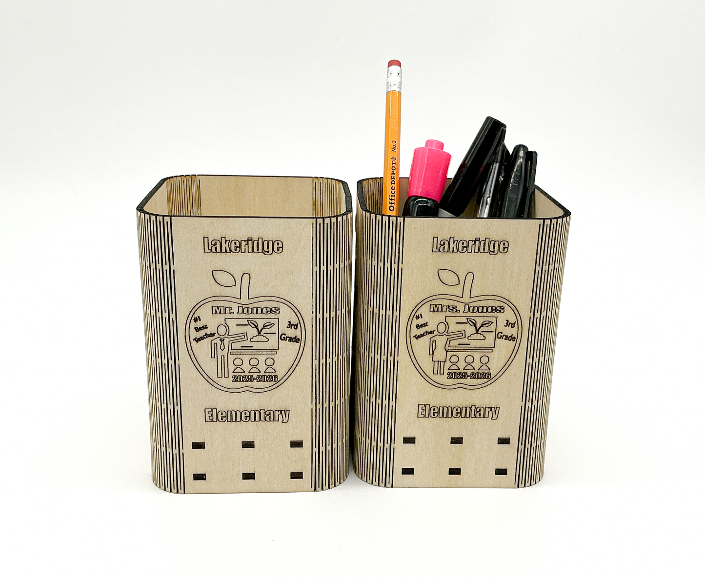 Personalized Wood Teacher Pencil Holder On A Desk, Holding Pens And Pencils, With Custom Engraved Name, School, And Year Visible.
