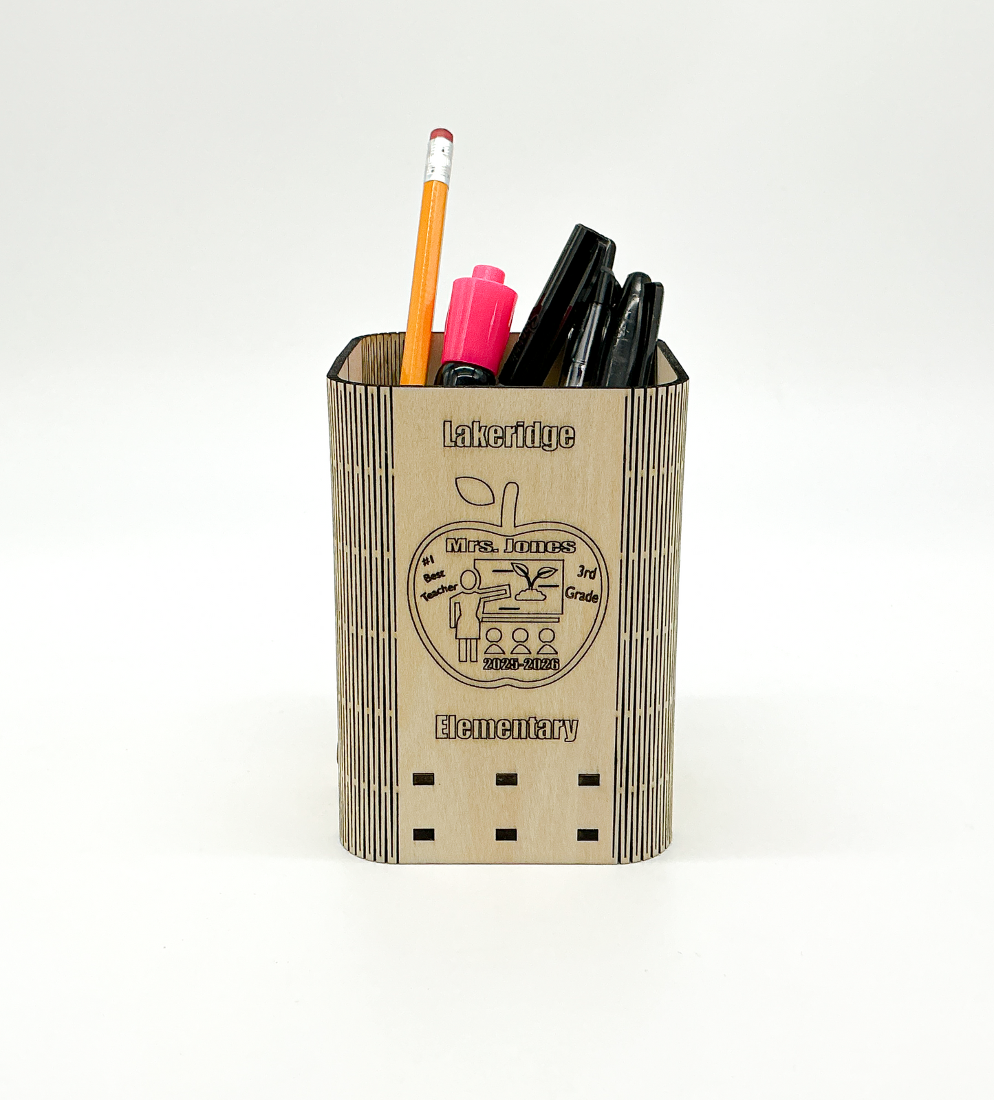 Personalized Teacher Pencil Holder On A Desk, Holding Pens And Pencils, With Custom Engraved Name, School, And Year Visible.