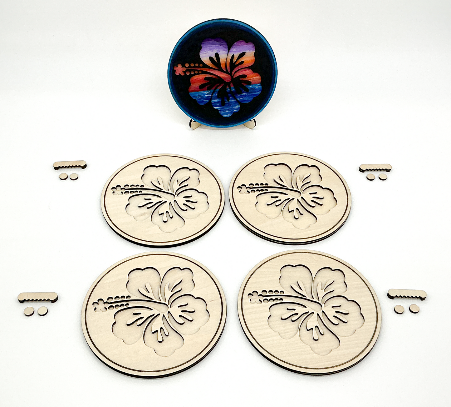 Set of 4 DIY Paint Hawaiian Hibiscus Kit With Sawtooth Hangers, Paint Pots and Brushes and Finished Paint Kit.