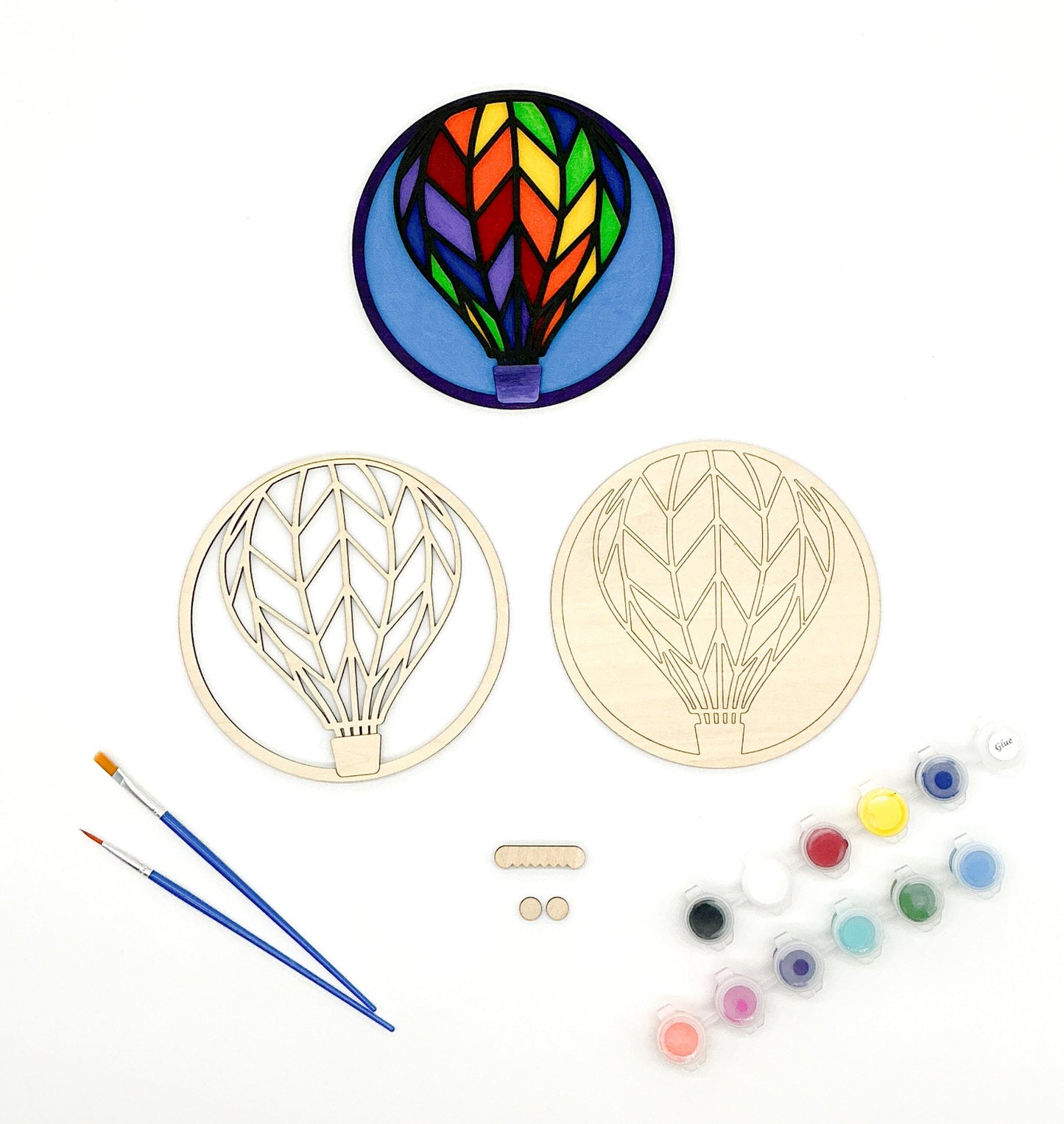 DIY Paint Hot Air Balloon Kit With Sawtooth Hangers, Paint Pots and Brushes and Finished Paint Kit.