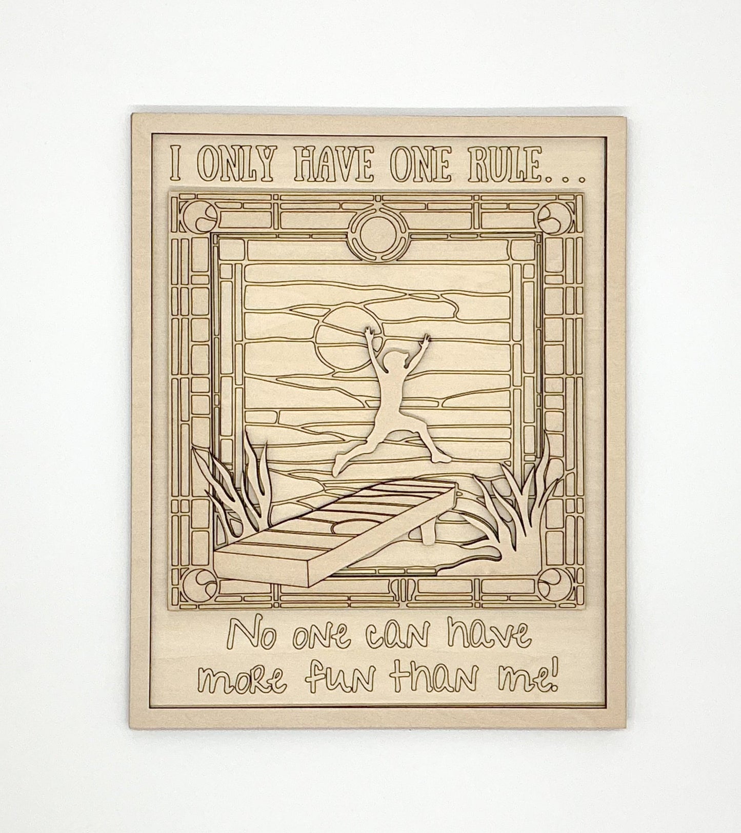 Layered Wood DIY Paint Kit Featuring "I Only Have One Rule... No One Can Have More Fun Than Me" Design With 3D Wooden Boy Figure, Frame, Paints, Brushes, Glue, And Hanging Hardware