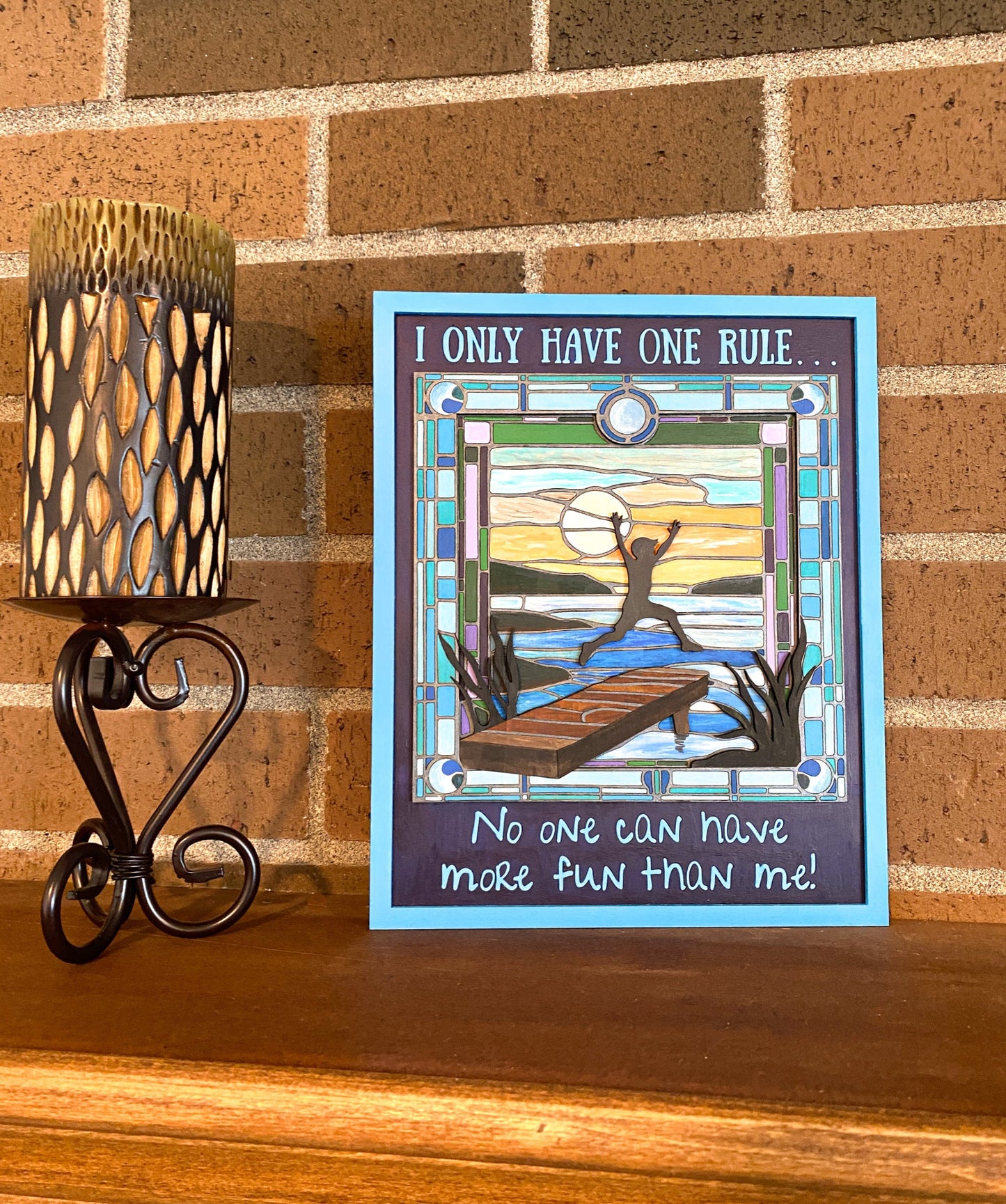 Layered Wood DIY Paint Kit Featuring "I Only Have One Rule... No One Can Have More Fun Than Me" Design With 3D Wooden Boy Figure, Frame, Paints, Brushes, Glue, And Hanging Hardware