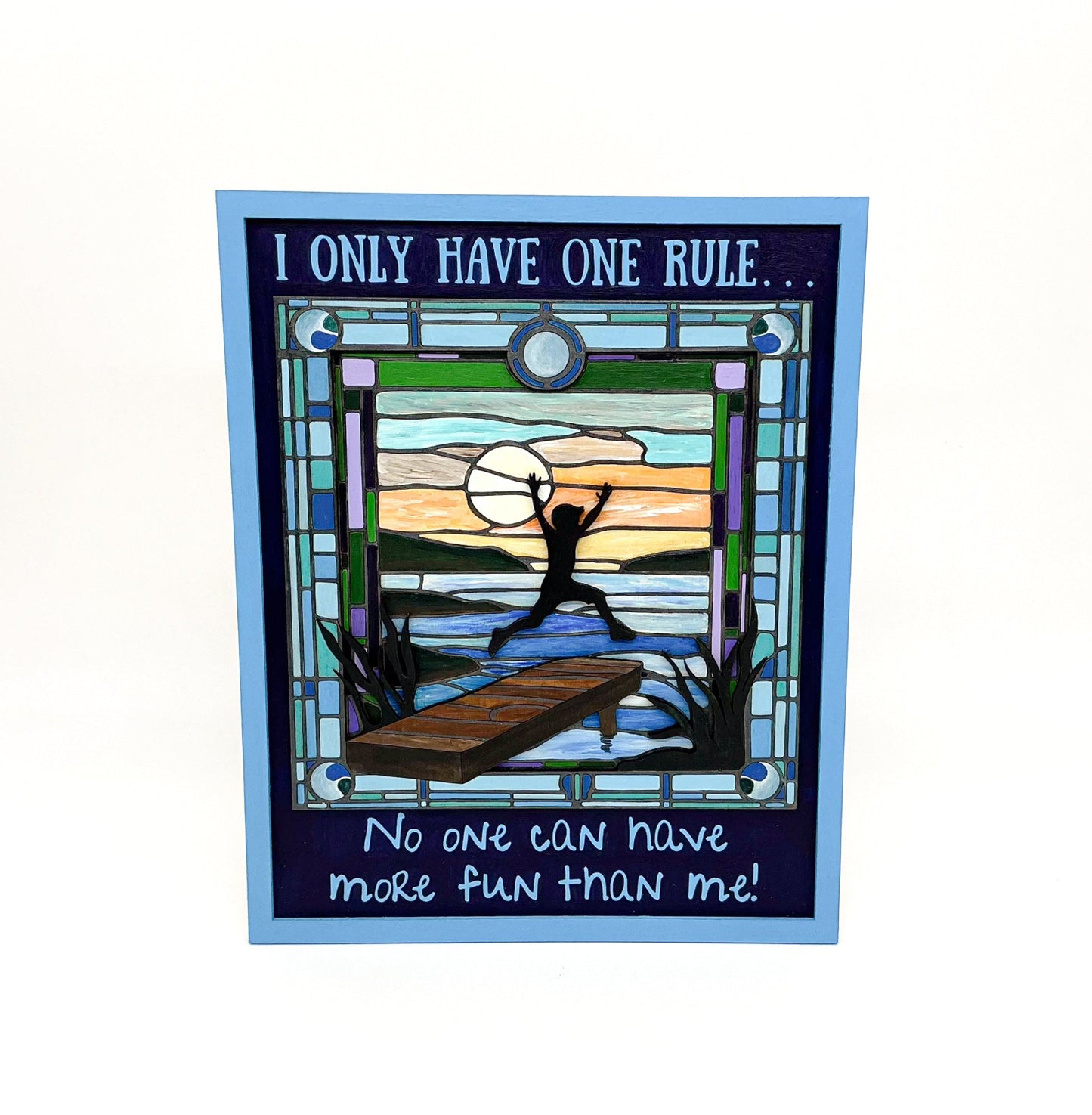 Layered Wood DIY Paint Kit Featuring "I Only Have One Rule... No One Can Have More Fun Than Me" Design With 3D Wooden Boy Figure, Frame, Paints, Brushes, Glue, And Hanging Hardware