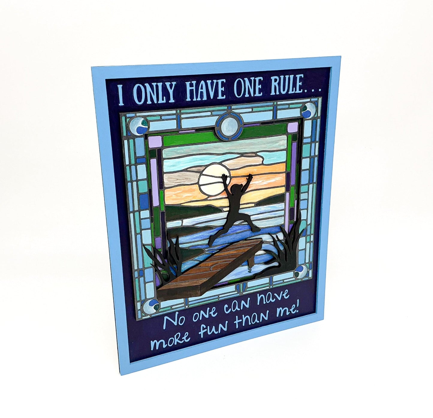 Layered Wood DIY Paint Kit Featuring "I Only Have One Rule... No One Can Have More Fun Than Me" Design With 3D Wooden Boy Figure, Frame, Paints, Brushes, Glue, And Hanging Hardware