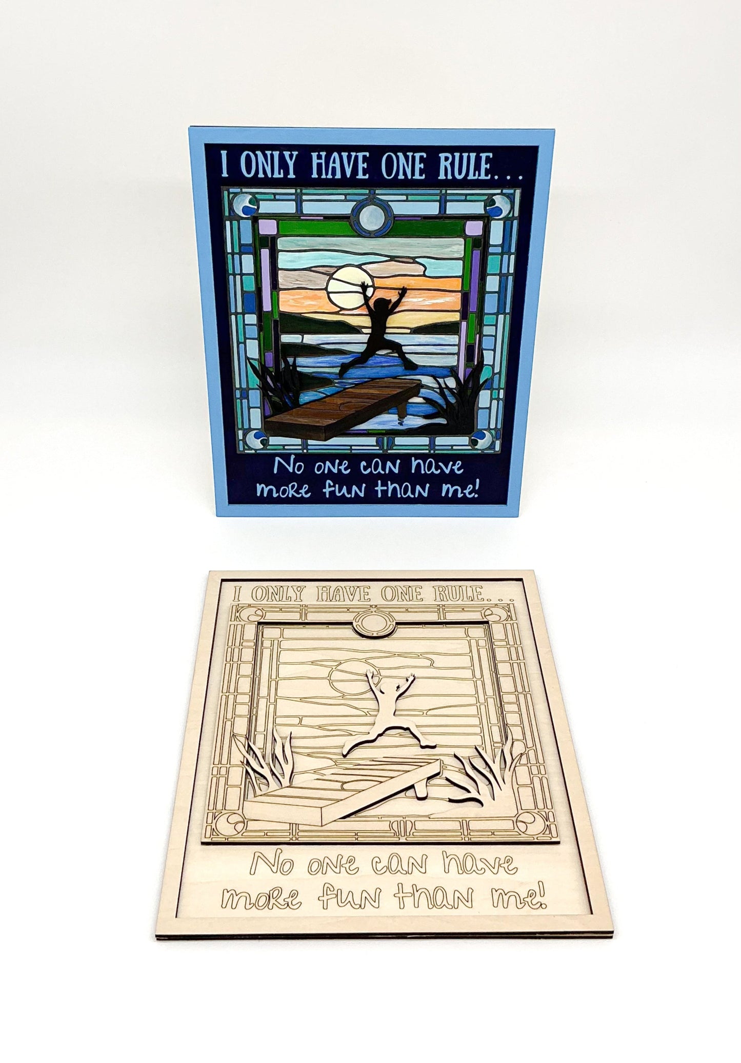 Layered Wood DIY Paint Kit Featuring "I Only Have One Rule... No One Can Have More Fun Than Me" Design With 3D Wooden Boy Figure, Frame, Paints, Brushes, Glue, And Hanging Hardware