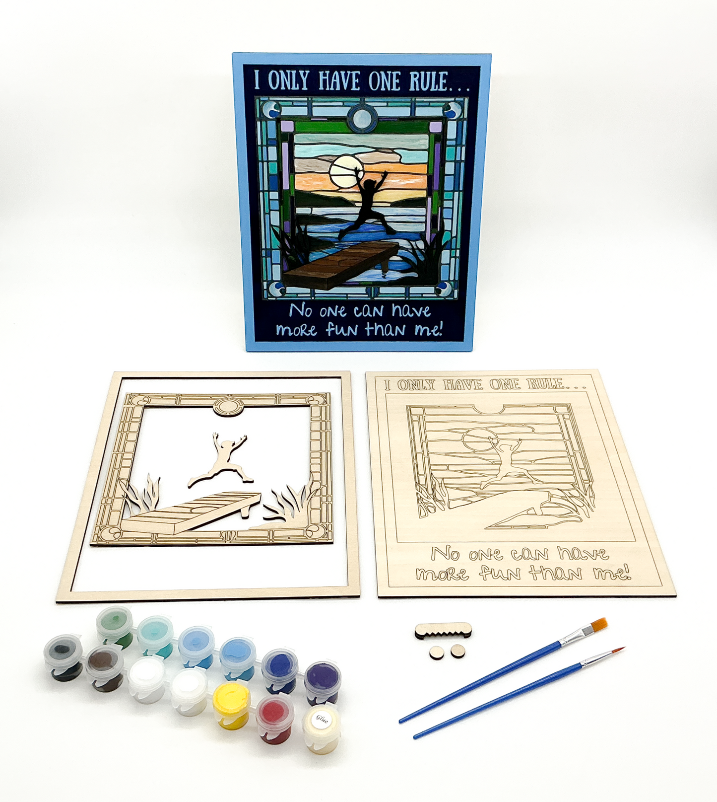 Layered Wood DIY Paint Kit Featuring "I Only Have One Rule... No One Can Have More Fun Than Me" Design With 3D Wooden Boy Figure, Frame, Paints, Brushes, Glue, And Hanging Hardware