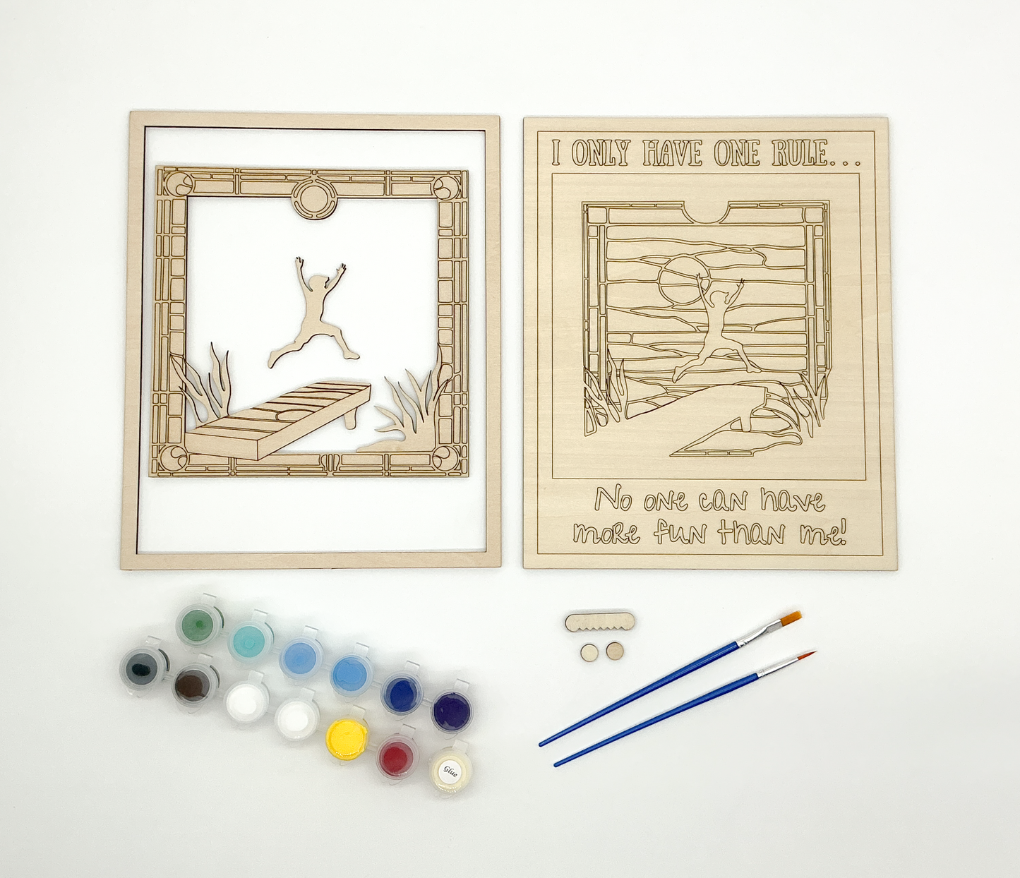 Layered Wood DIY Paint Kit Featuring "I Only Have One Rule... No One Can Have More Fun Than Me" Design With 3D Wooden Boy Figure, Frame, Paints, Brushes, Glue, And Hanging Hardware