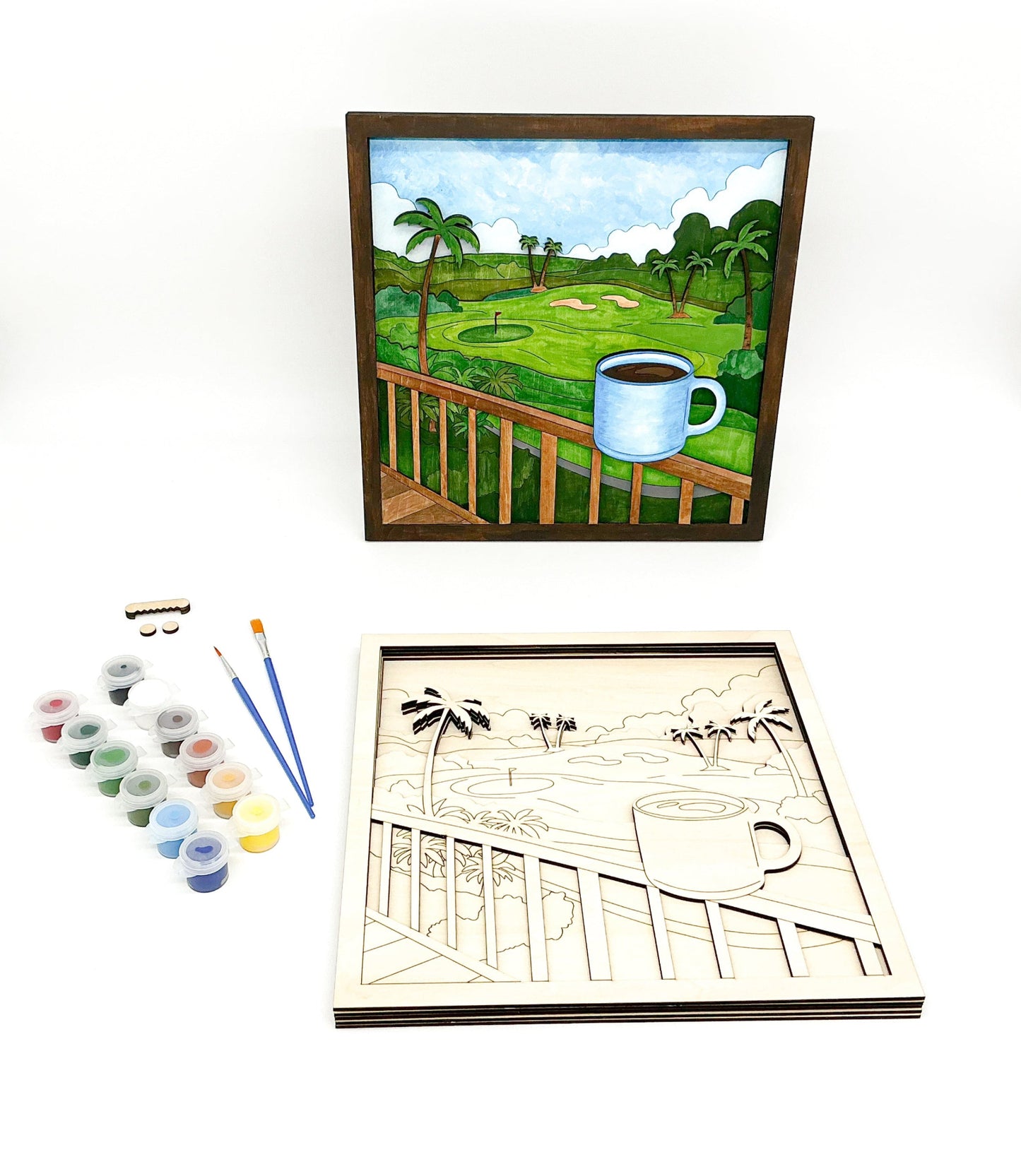Lanai Mornings DIY Paint Kit With Layered Tropical Wood Design, Acrylic Paints, Brushes, Glue, And Hanger For Calming Island-Inspired Wall Art