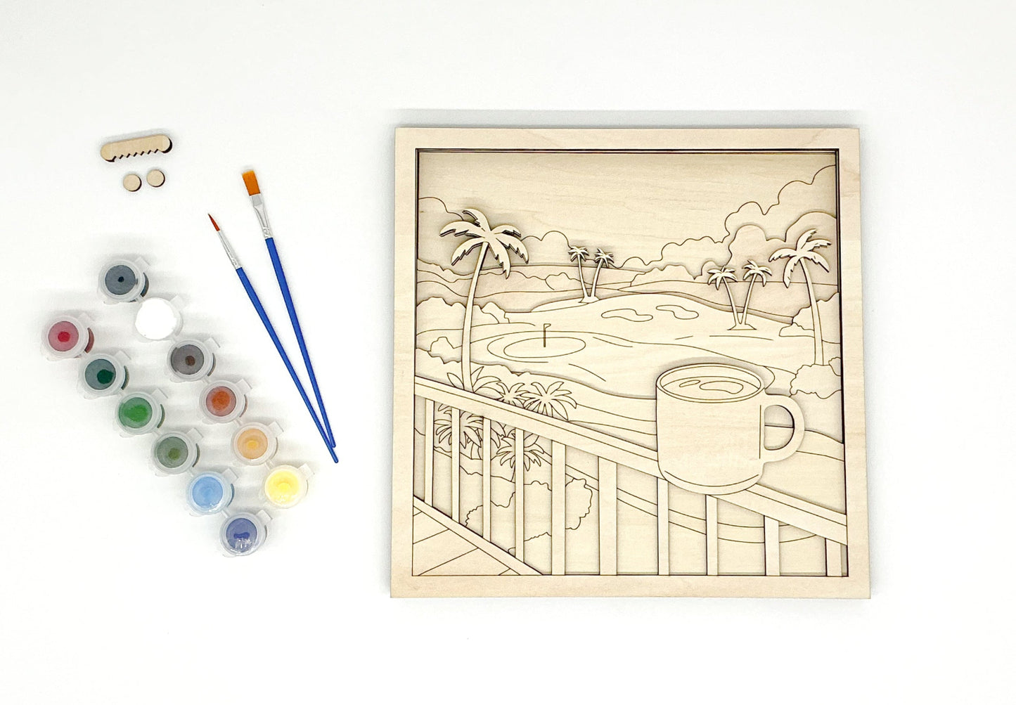 Lanai Mornings DIY Paint Kit With Layered Tropical Wood Design, Acrylic Paints, Brushes, Glue, And Hanger For Calming Island-Inspired Wall Art