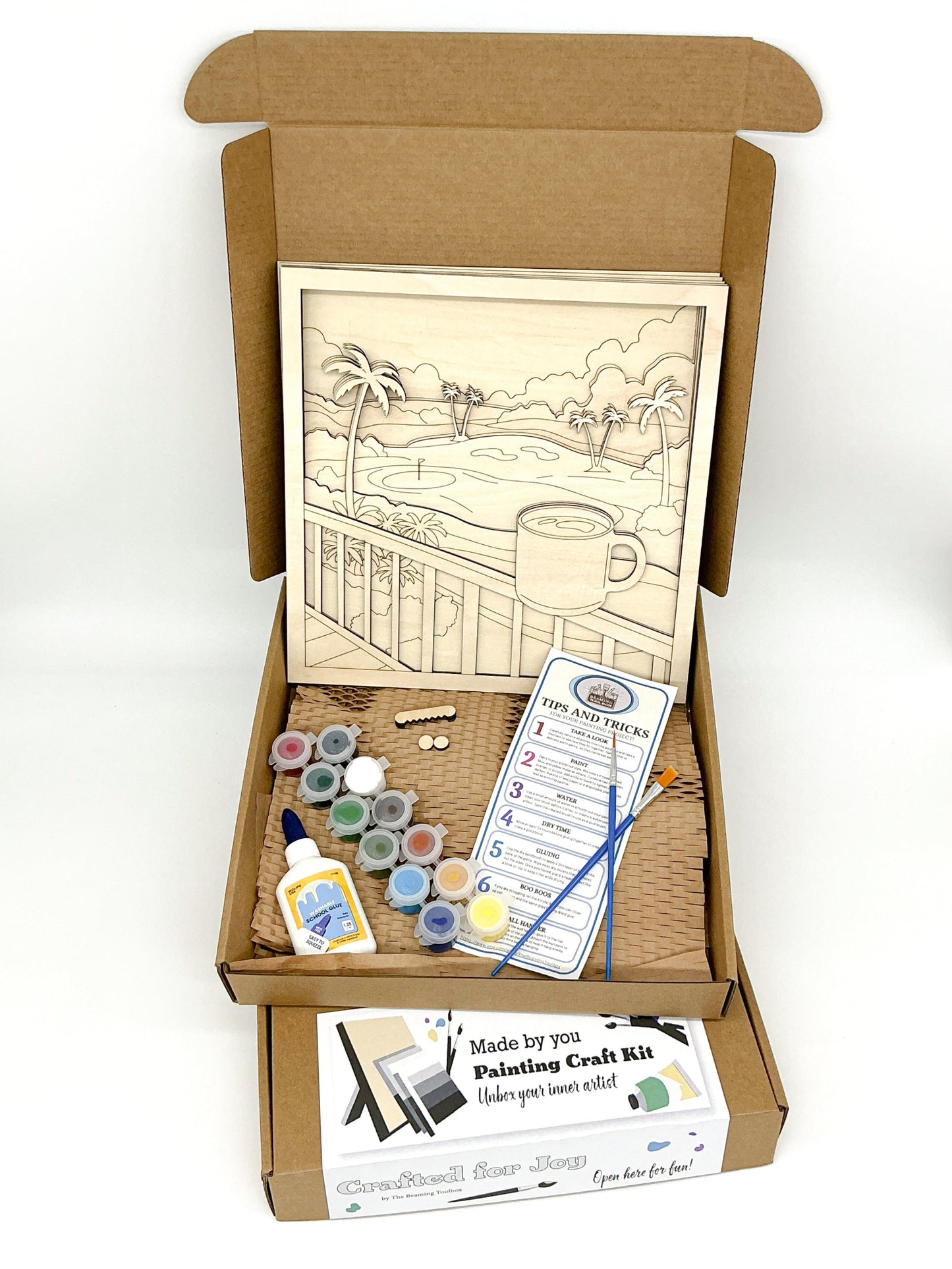 Lanai Mornings DIY Paint Kit With Layered Tropical Wood Design, Acrylic Paints, Brushes, Glue, And Hanger For Calming Island-Inspired Wall Art