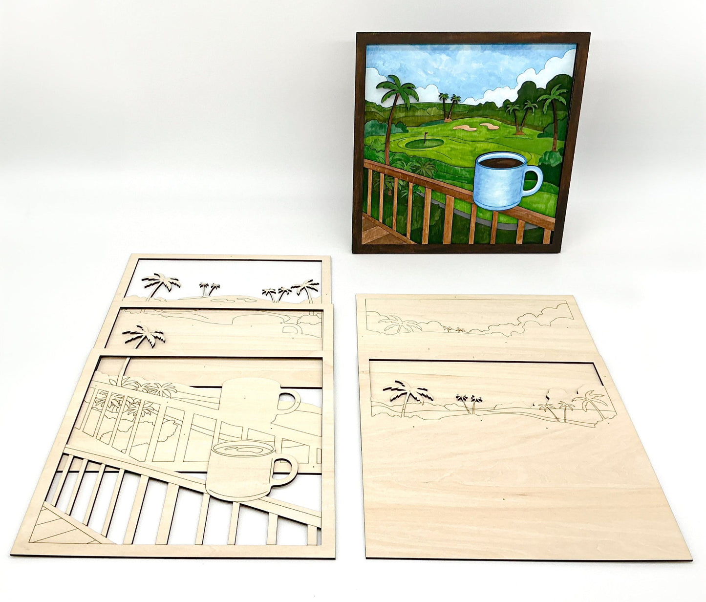 Lanai Mornings DIY Paint Kit With Layered Tropical Wood Design, Acrylic Paints, Brushes, Glue, And Hanger For Calming Island-Inspired Wall Art