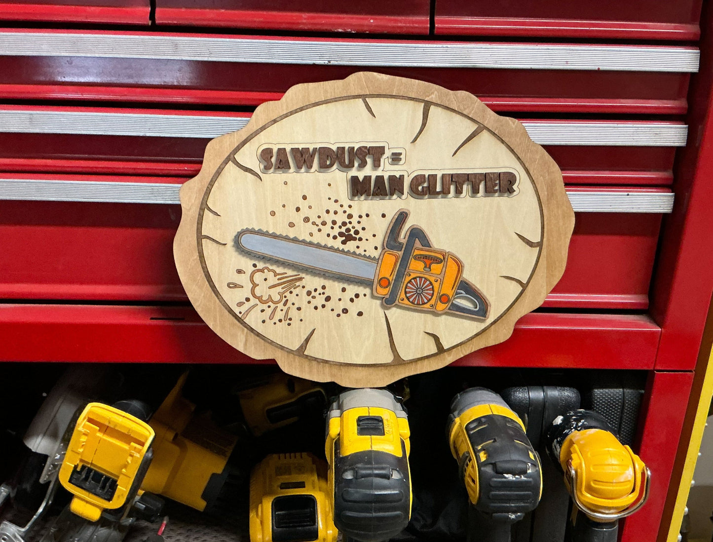 Rustic Woodshop Sign With Chainsaw Design And “Sawdust Equals Man Glitter” Engraving, Laser Engraved And Hand-Painted, Perfect For DIYers And Woodworkers