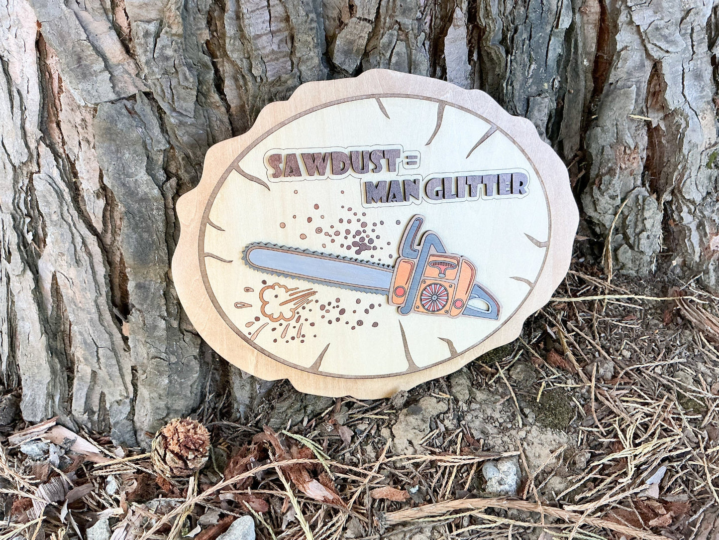 Rustic Woodshop Sign With Chainsaw Design And “Sawdust Equals Man Glitter” Engraving, Laser Engraved And Hand-Painted, Perfect For DIYers And Woodworkers