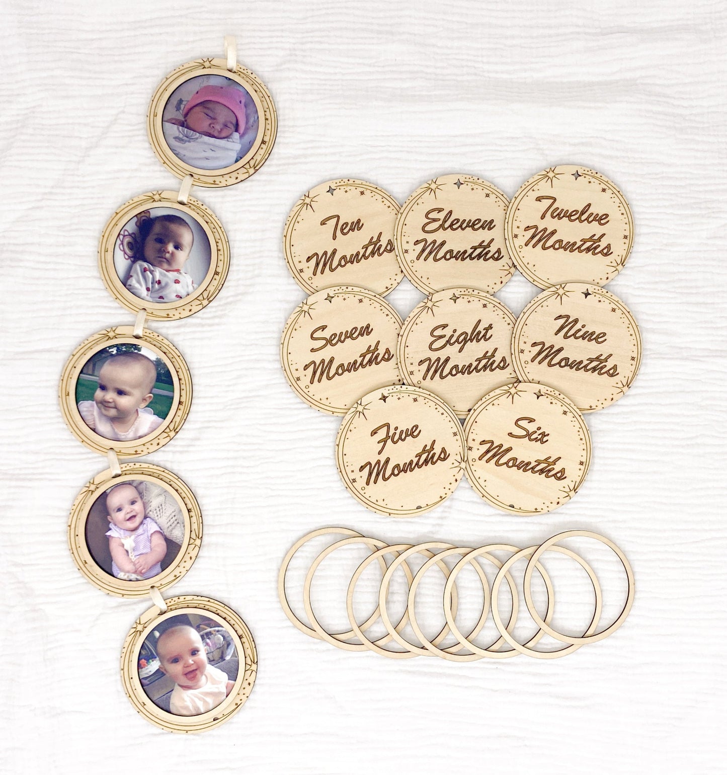 Moon And Stars Wooden Baby Milestone Marker Set With 13 Monthly Markers And Matching Photo Frames For Baby's First Year