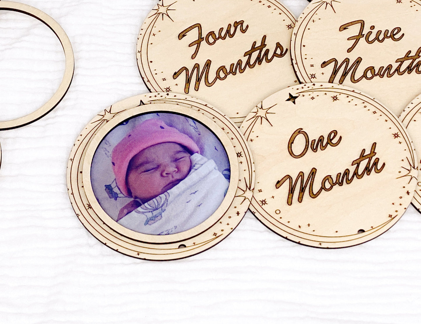 Moon And Stars Wooden Baby Milestone Marker Set With 13 Monthly Markers And Matching Photo Frames For Baby's First Year