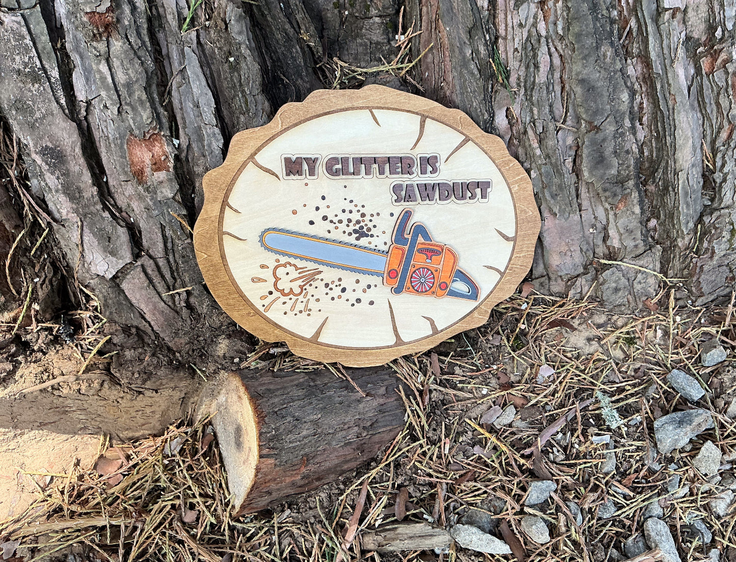 Rustic Woodshop Sign With Chainsaw Design And “My Glitter Is Sawdust” Engraving, Laser Engraved And Hand-Painted, Perfect For DIYers And Woodworkers