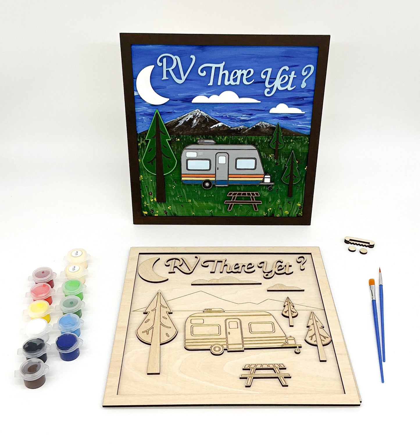 RV There Yet DIY Paint Kit With Layered Wooden RV Scene, Trees, Moon, Picnic Table, Acrylic Paints, Brushes, Glue, And Wall Hanger For Camp-Inspired Art