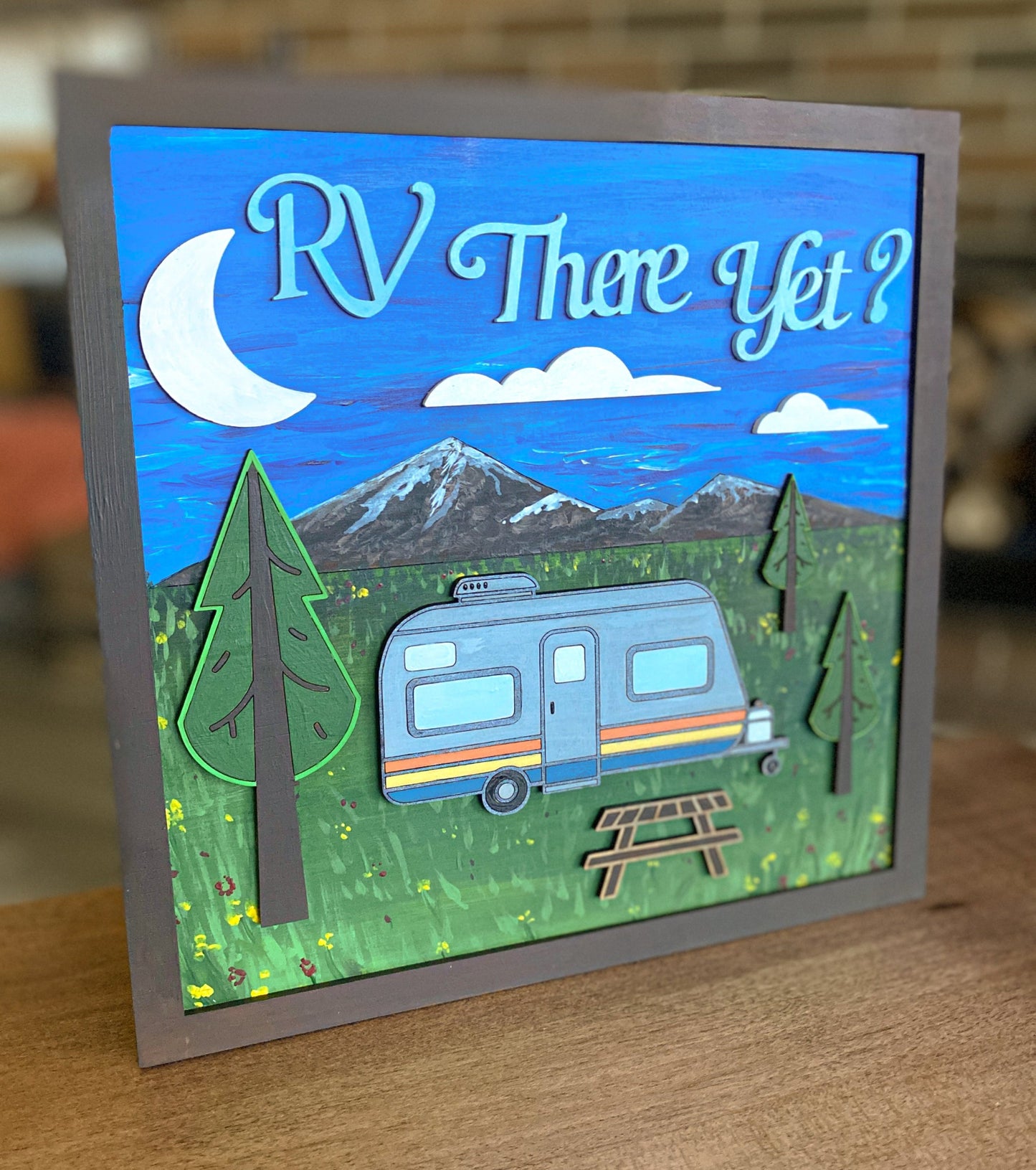 RV There Yet DIY Paint Kit With Layered Wooden RV Scene, Trees, Moon, Picnic Table, Acrylic Paints, Brushes, Glue, And Wall Hanger For Camp-Inspired Art