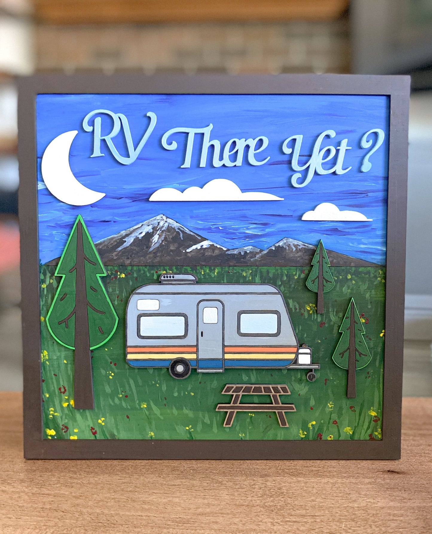 RV There Yet DIY Paint Kit With Layered Wooden RV Scene, Trees, Moon, Picnic Table, Acrylic Paints, Brushes, Glue, And Wall Hanger For Camp-Inspired Art