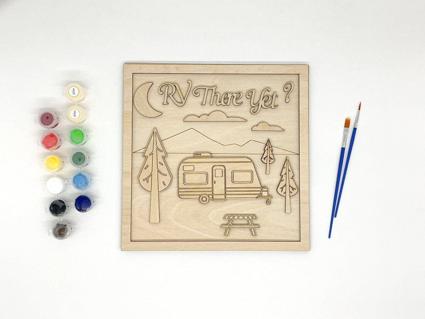 RV There Yet DIY Paint Kit With Layered Wooden RV Scene, Trees, Moon, Picnic Table, Acrylic Paints, Brushes, Glue, And Wall Hanger For Camp-Inspired Art