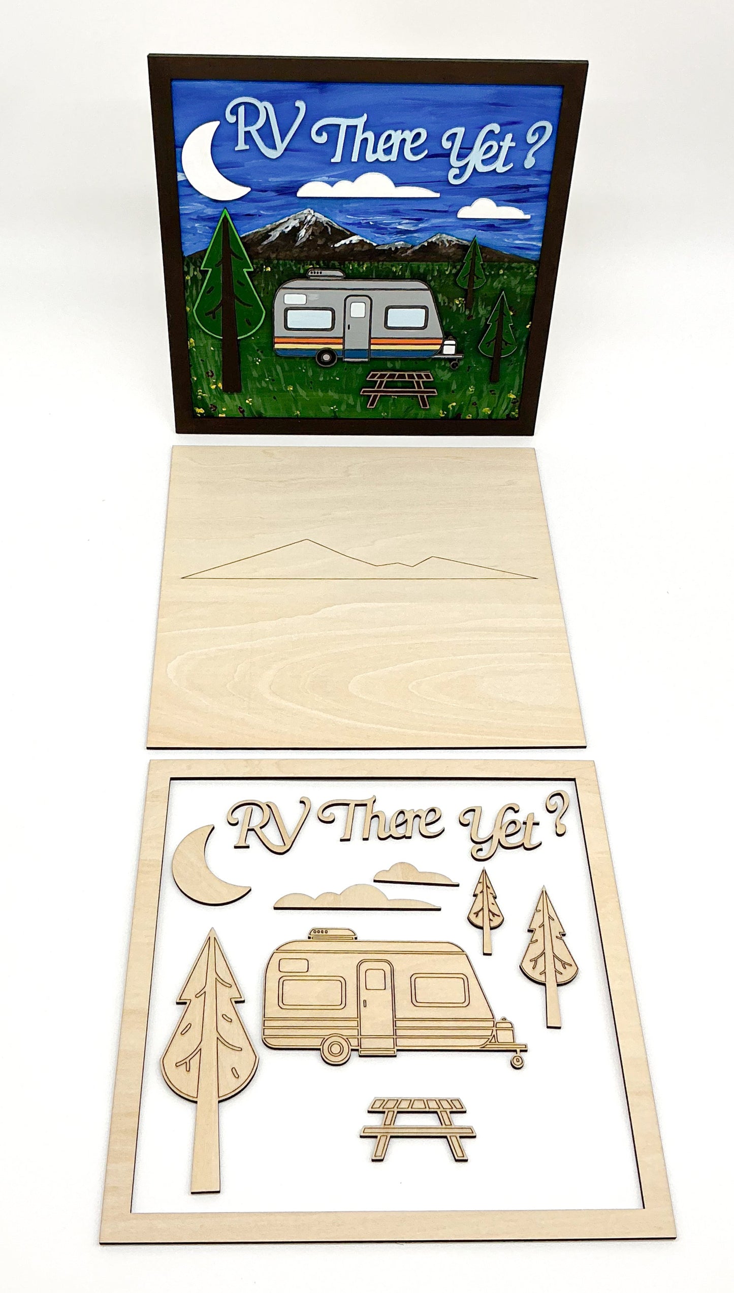 RV There Yet DIY Paint Kit With Layered Wooden RV Scene, Trees, Moon, Picnic Table, Acrylic Paints, Brushes, Glue, And Wall Hanger For Camp-Inspired Art