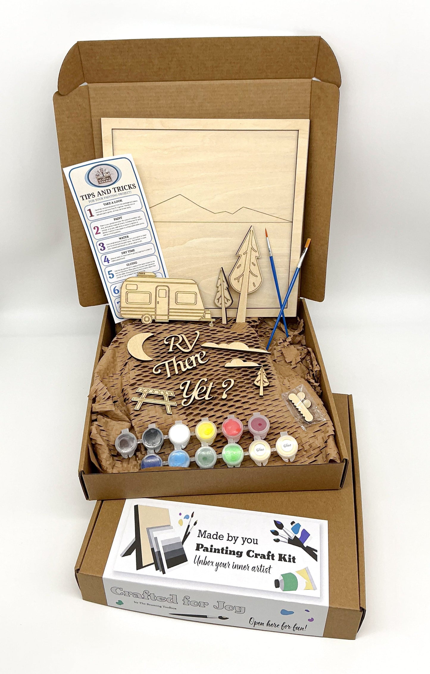 RV There Yet DIY Paint Kit With Layered Wooden RV Scene, Trees, Moon, Picnic Table, Acrylic Paints, Brushes, Glue, And Wall Hanger For Camp-Inspired Art
