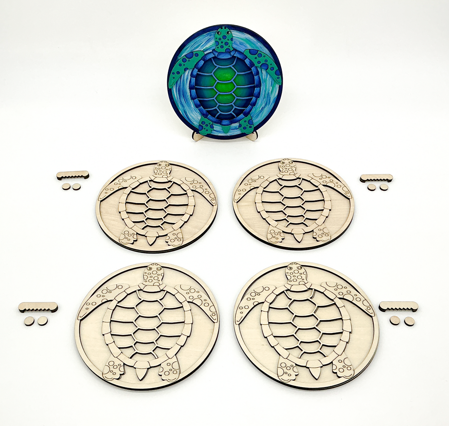 DIY Wood Painting Craft Kit, Sea Turtle Art Kit, Set of 4 And Painted Example