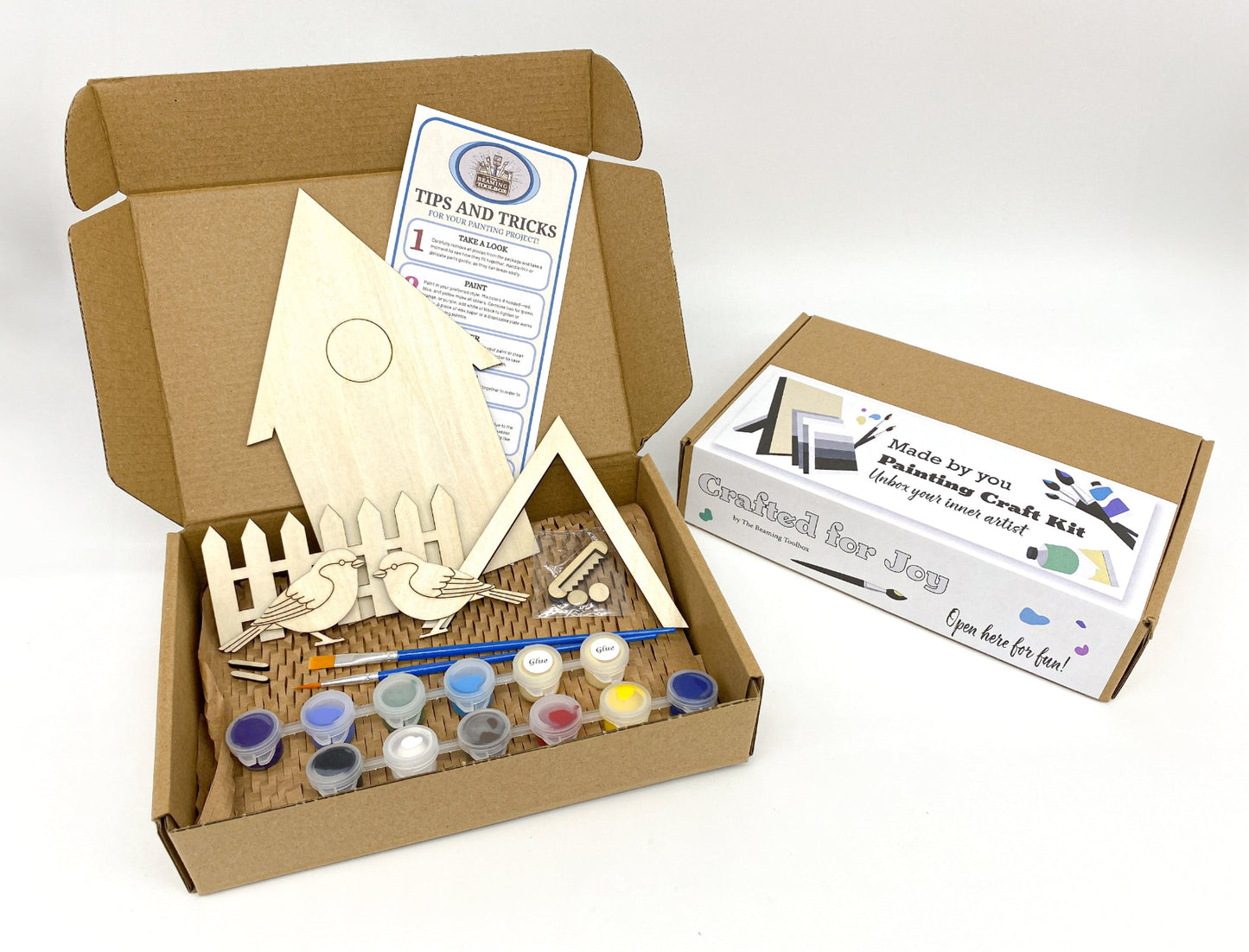 Tiny Tweets DIY Paint Kit With Layered Wood Birdhouse, Birds, Fence, Paints, Brushes, And Glue For Customizable Wall Art Craft Project