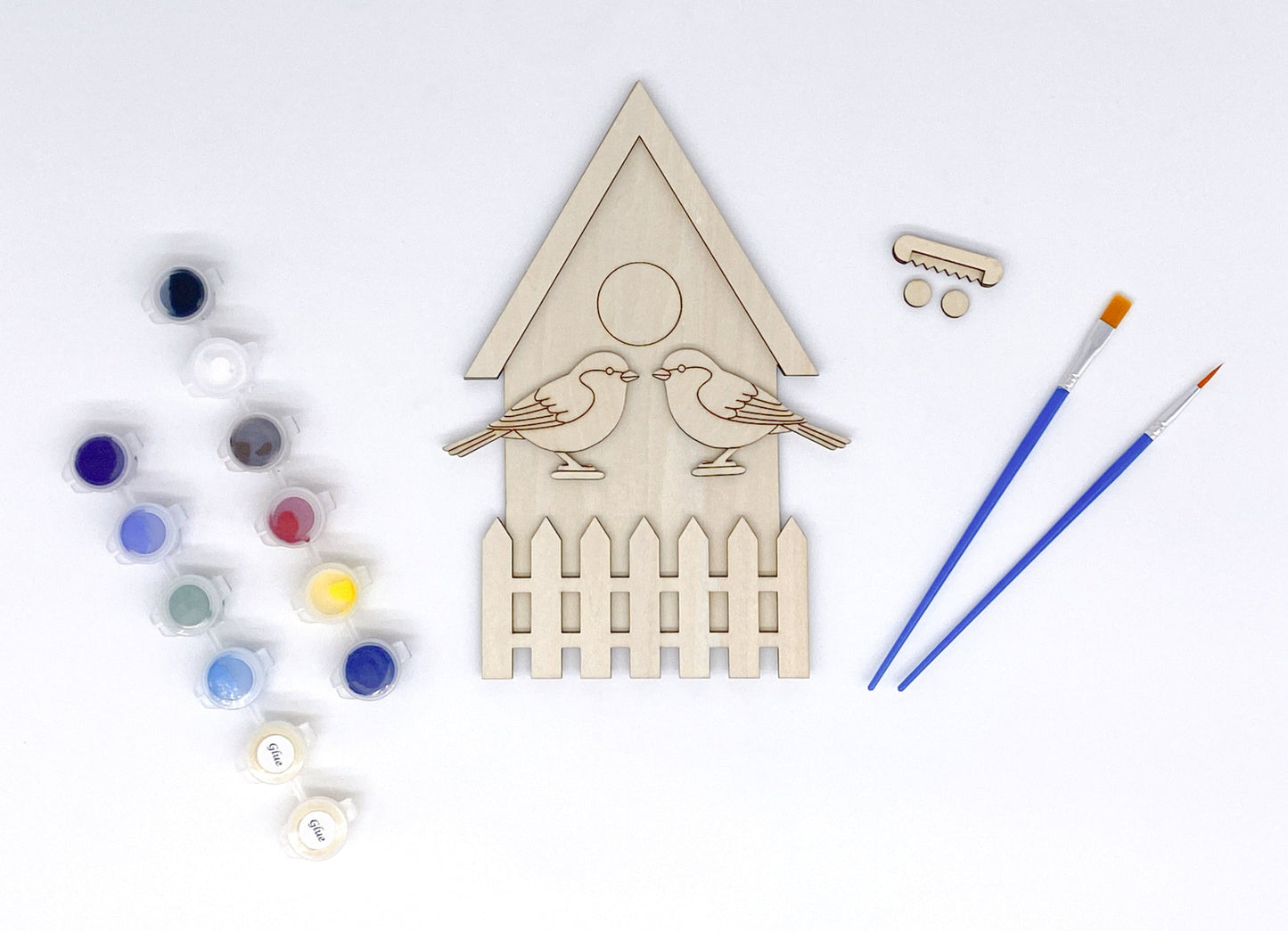 Tiny Tweets DIY Paint Kit With Layered Wood Birdhouse, Birds, Fence, Paints, Brushes, And Glue For Customizable Wall Art Craft Project