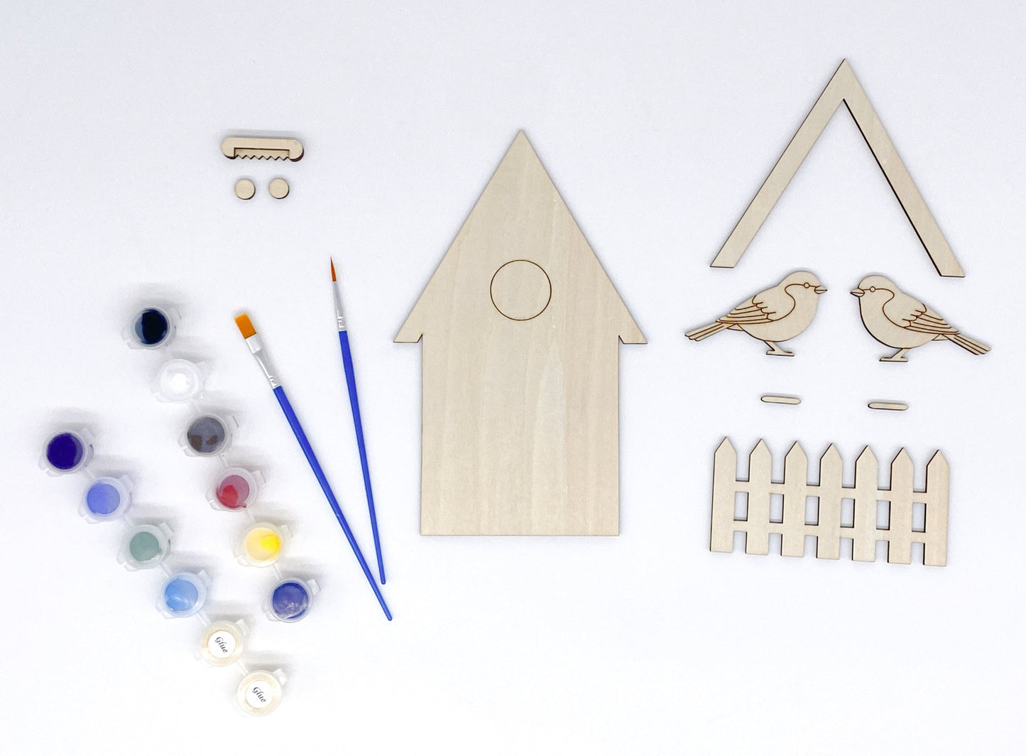 Tiny Tweets DIY Paint Kit With Layered Wood Birdhouse, Birds, Fence, Paints, Brushes, And Glue For Customizable Wall Art Craft Project