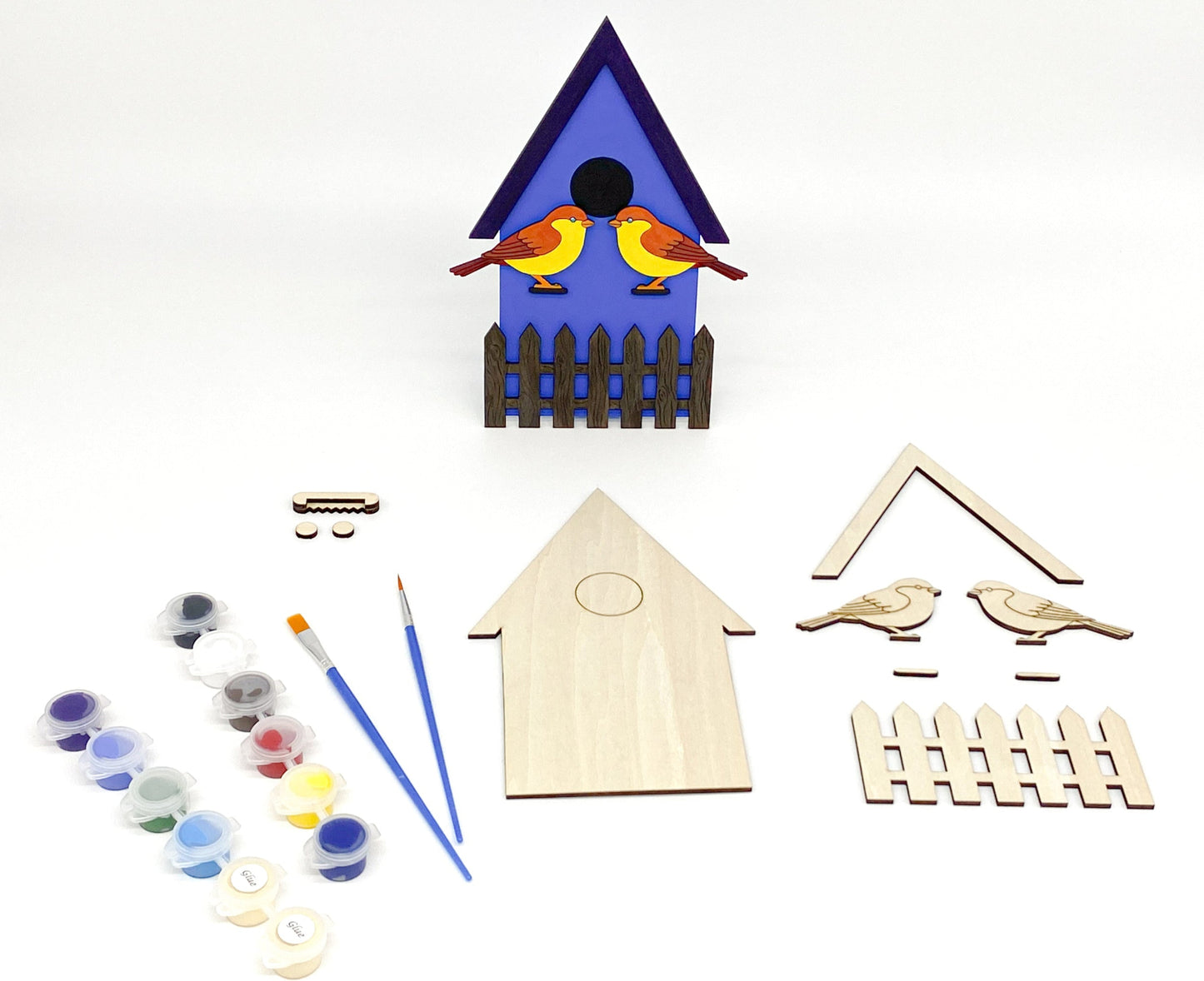Tiny Tweets DIY Paint Kit With Layered Wood Birdhouse, Birds, Fence, Paints, Brushes, And Glue For Customizable Wall Art Craft Project