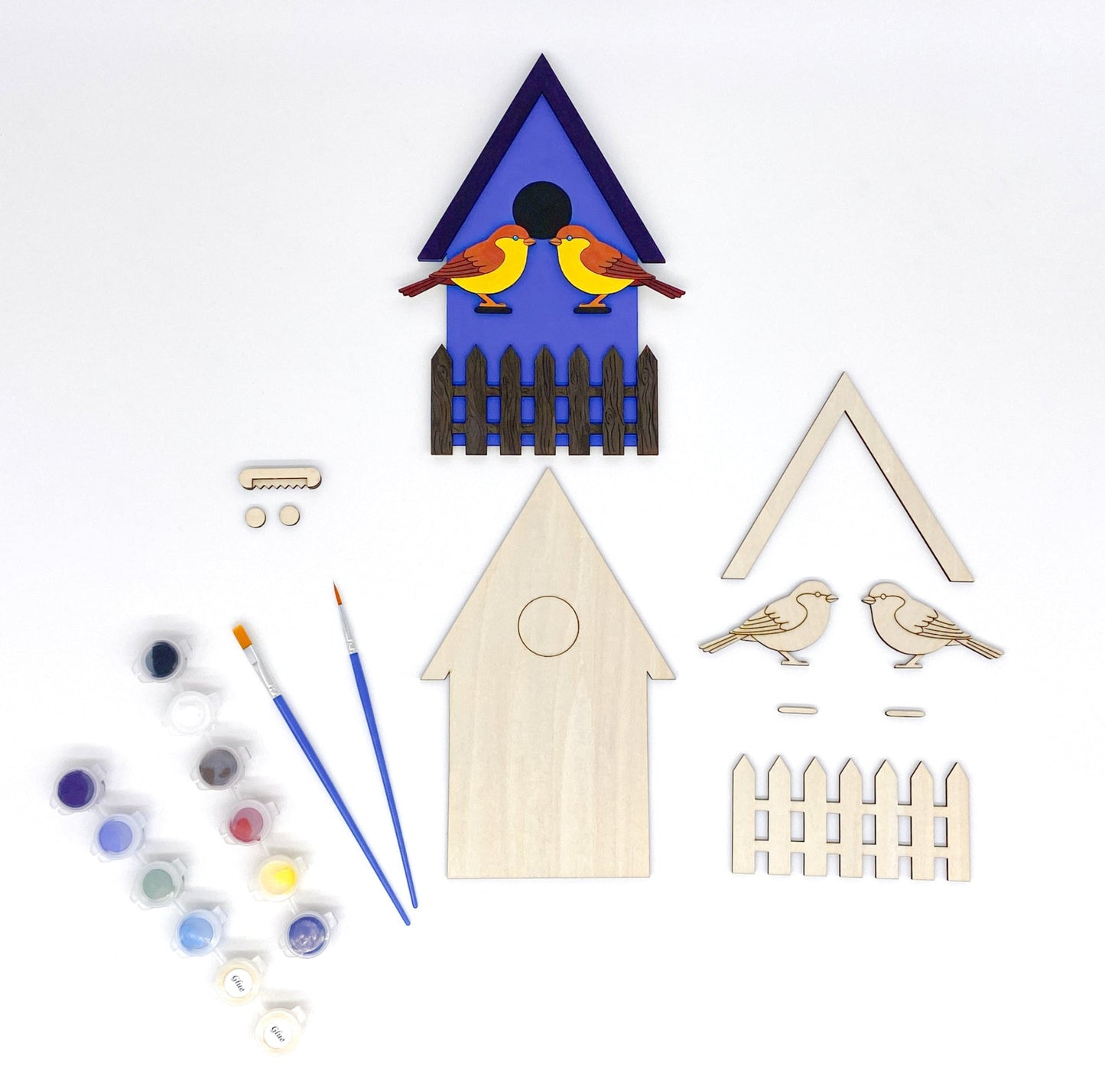 Tiny Tweets DIY Paint Kit With Layered Wood Birdhouse, Birds, Fence, Paints, Brushes, And Glue For Customizable Wall Art Craft Project