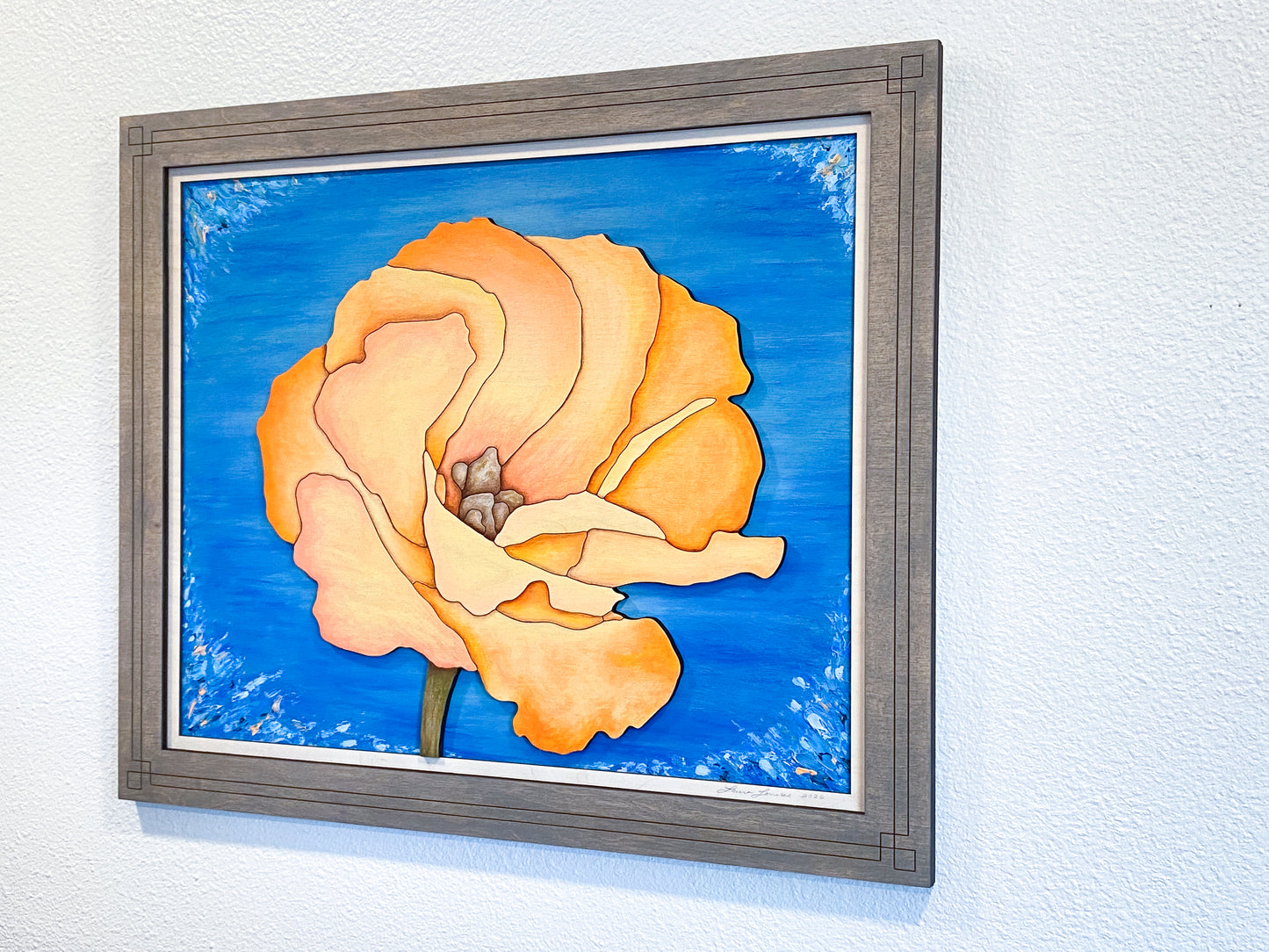 Close-up texture shot of "Apricot Bloom" showing the fine-art impressionistic brush strokes and hand-painted details on the wood surface.